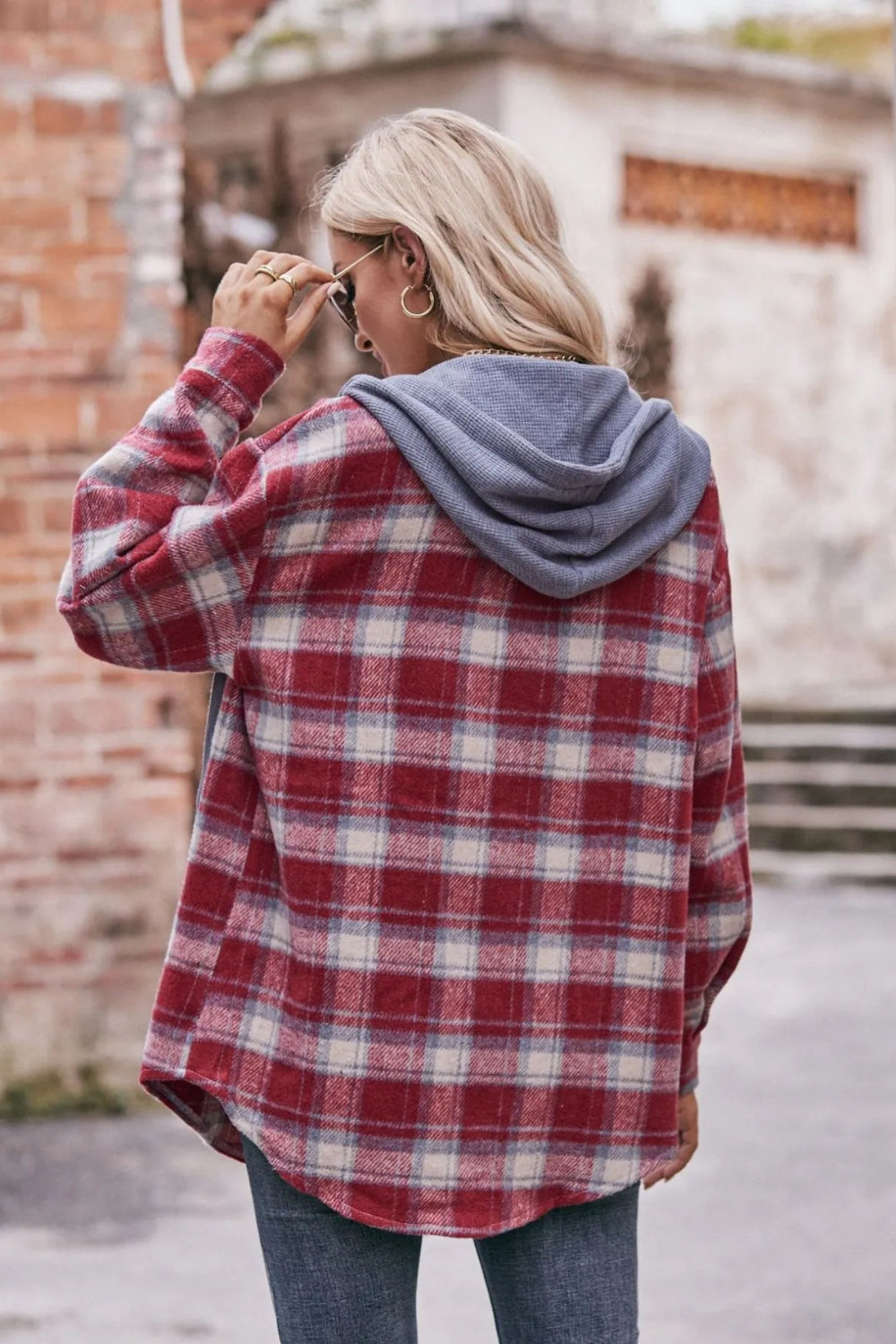 Plaid shacket, hoodie, drawstring, long sleeve, drop shoulder, buttoned, front patch pocket, pleated and buttoned cuffs, rounded hem, unlined, lightweight, no stretch, back view