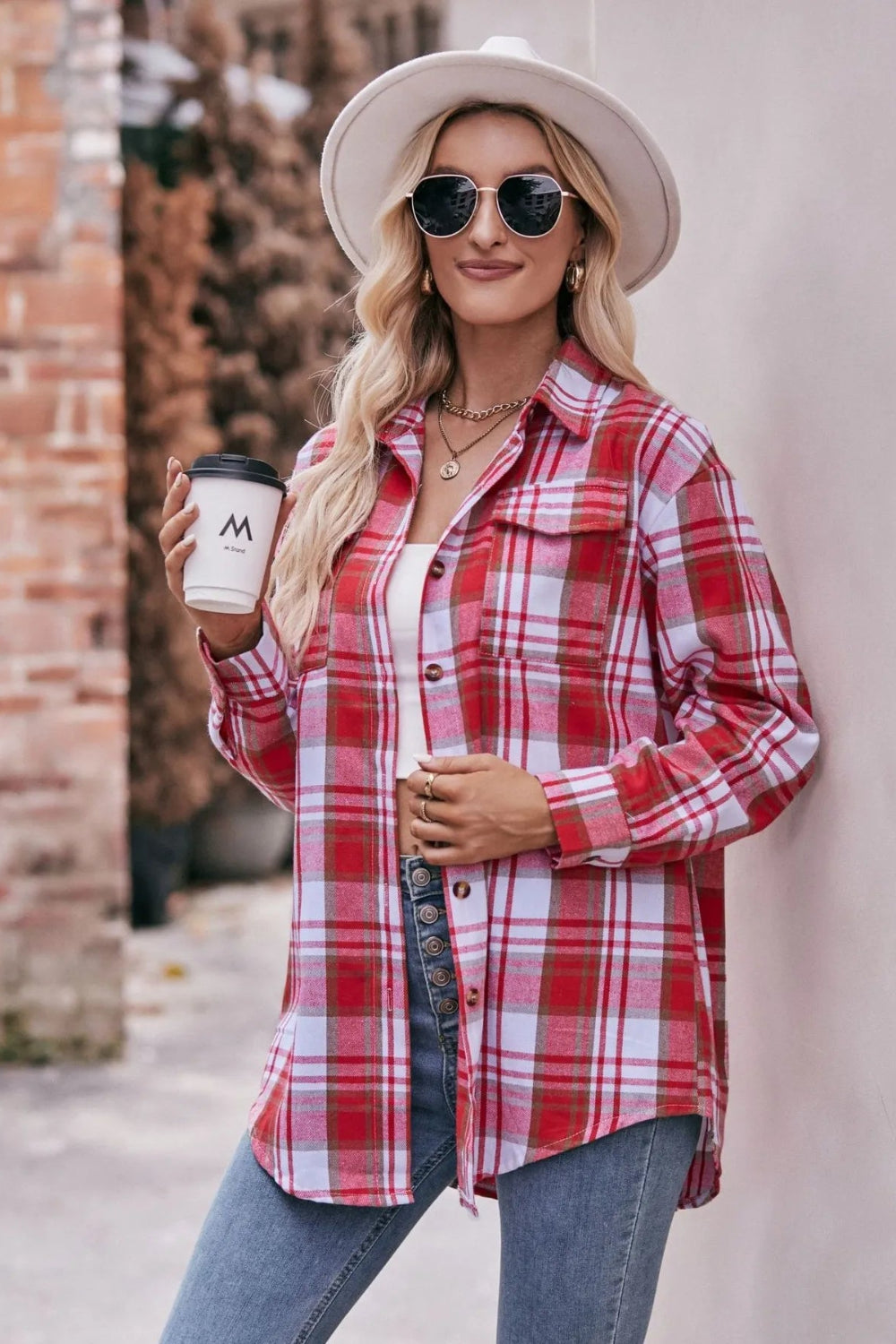 Long sleeve shirt, plaid, collared, pocketed, buttoned, oversized, drop shoulder, no stretch, many colors, front view