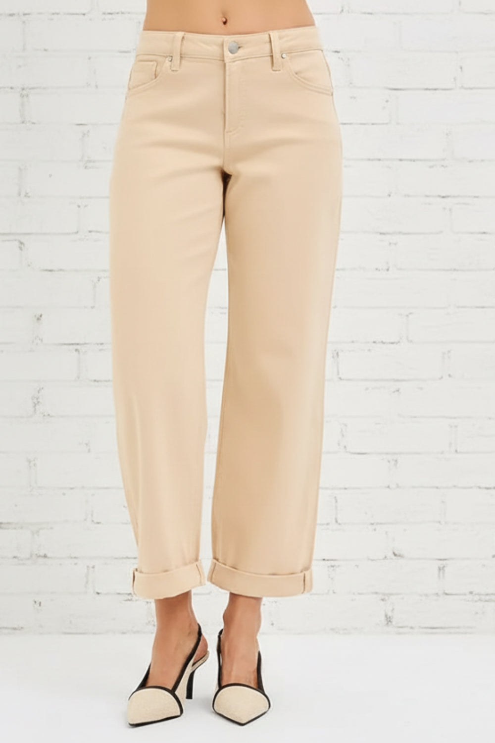 Risen, high-rise, tummy control, relaxed fit, wide leg, cuffed, pocketed, belt loops, button/zipper closure, stretchy, front view