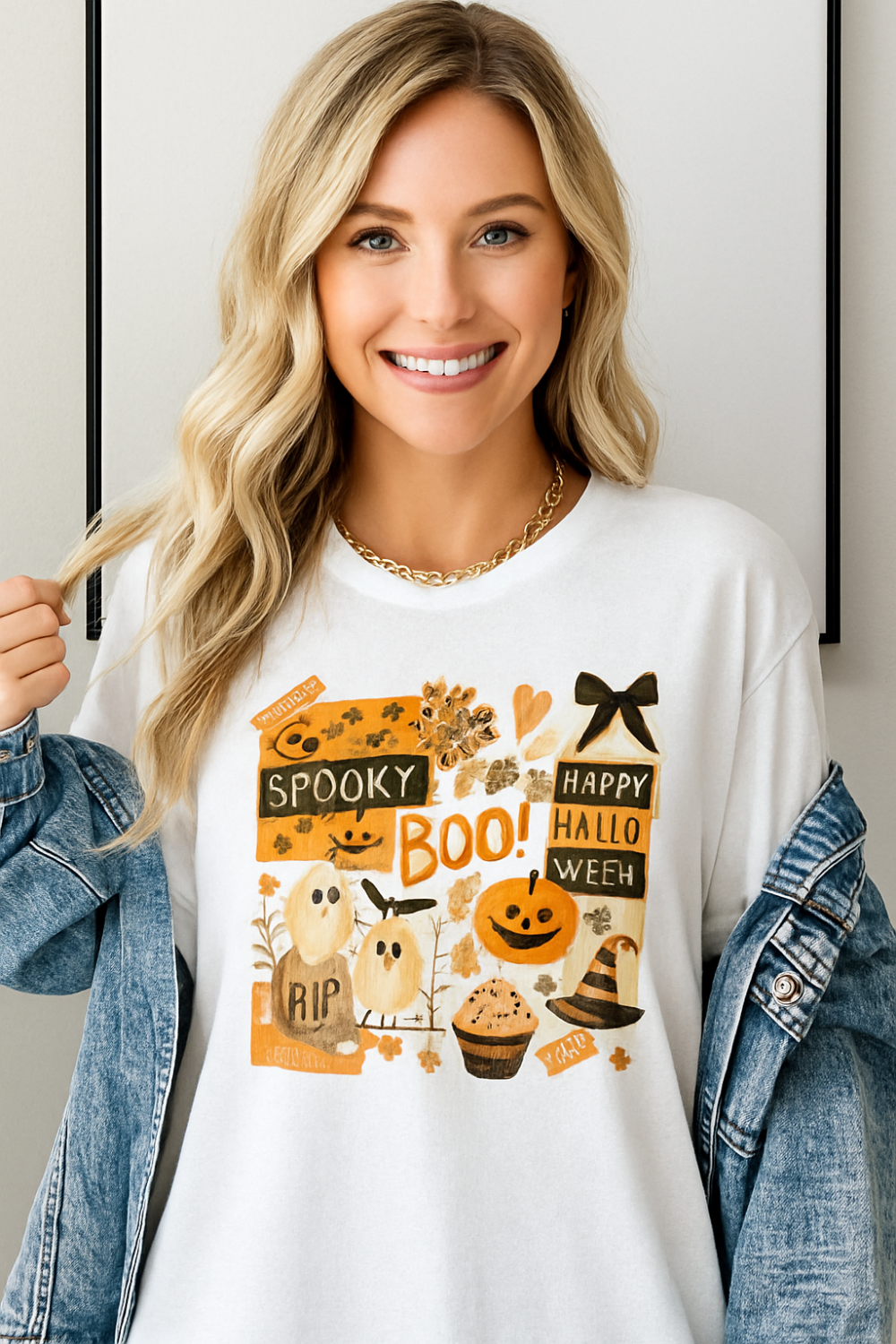 T-shirt, graphic, short sleeve, crew neck, DTF print, Halloween Collage Print, stretchy front view