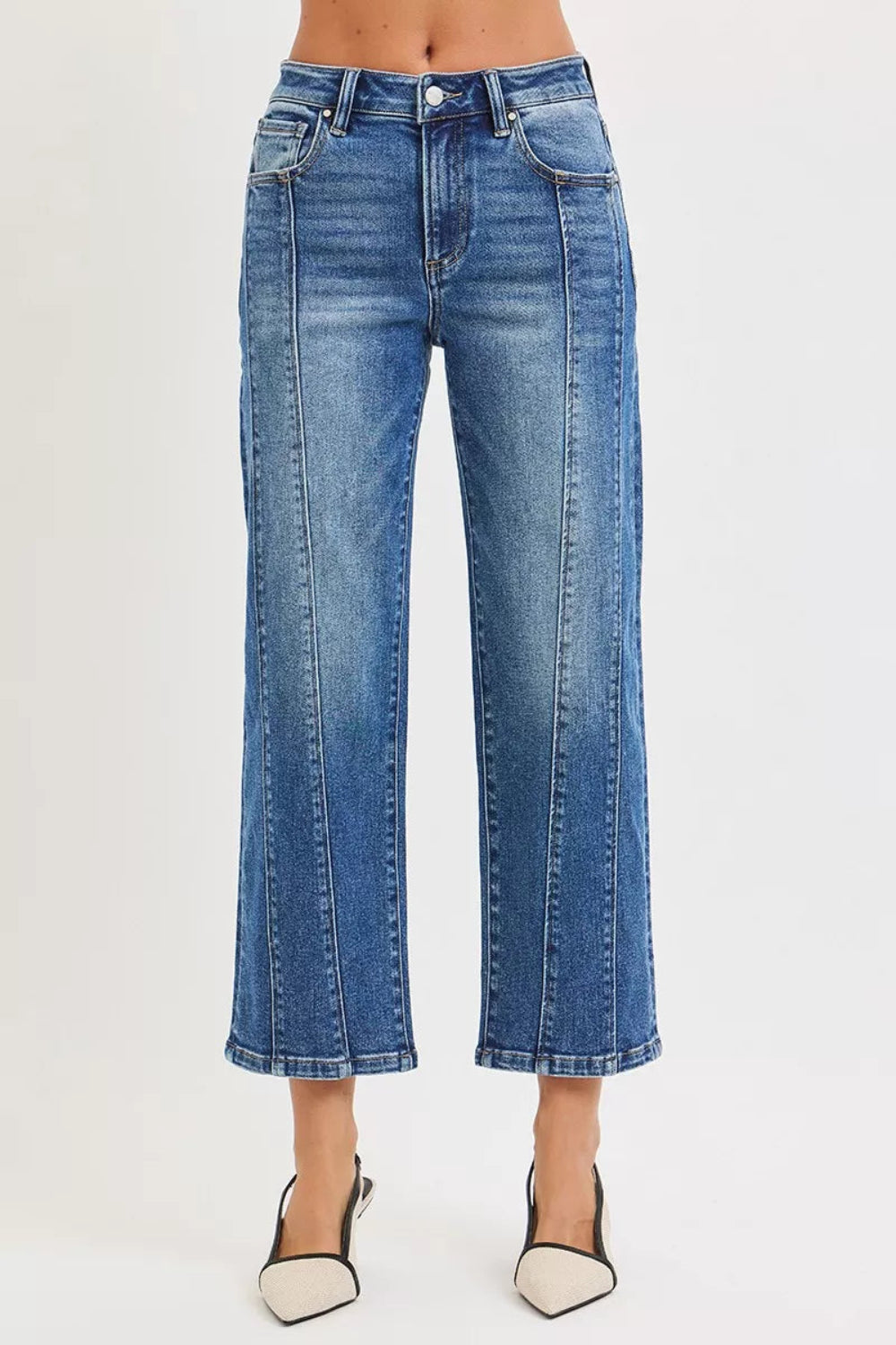 Risen Jeans, high-rise, cropped, straight leg, front seams, belt loops, pocketed, button/zipper closure, dark wash, slightly stretchy, front view