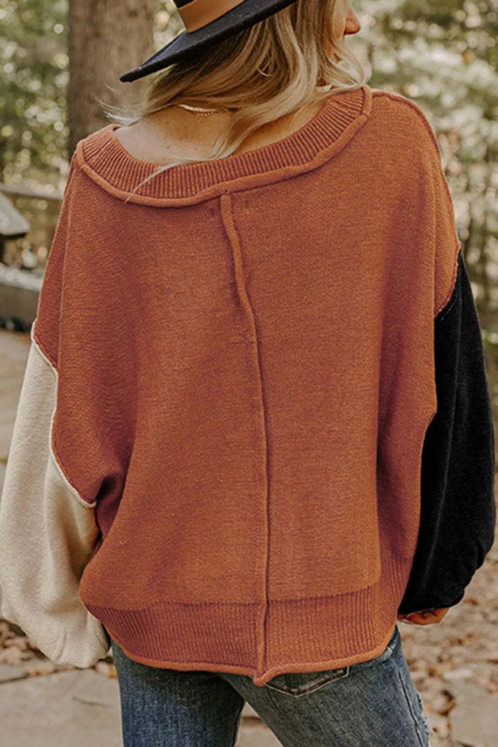 sweater, pullover, collared neck, long sleeve, drop shoulder, exposed seams, colorblock, balloon sleeves, ribbed collar, cuffs and hem, slightly stretchy, back view