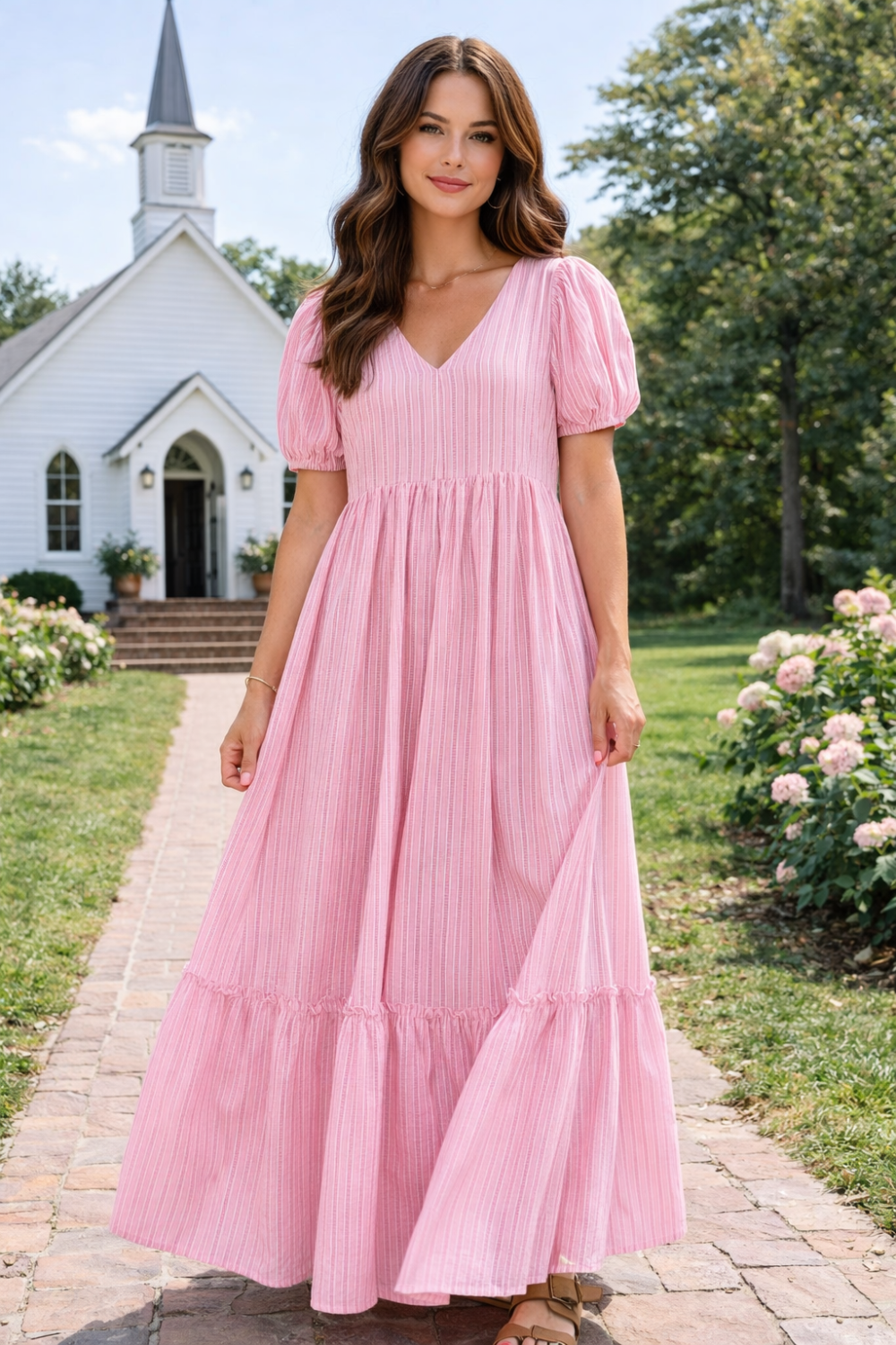 * Maxi dress
* Puff short sleeves
* V-neck
* Tiered
* Ruffled
* Pocketed
* Unlined
* No stretch