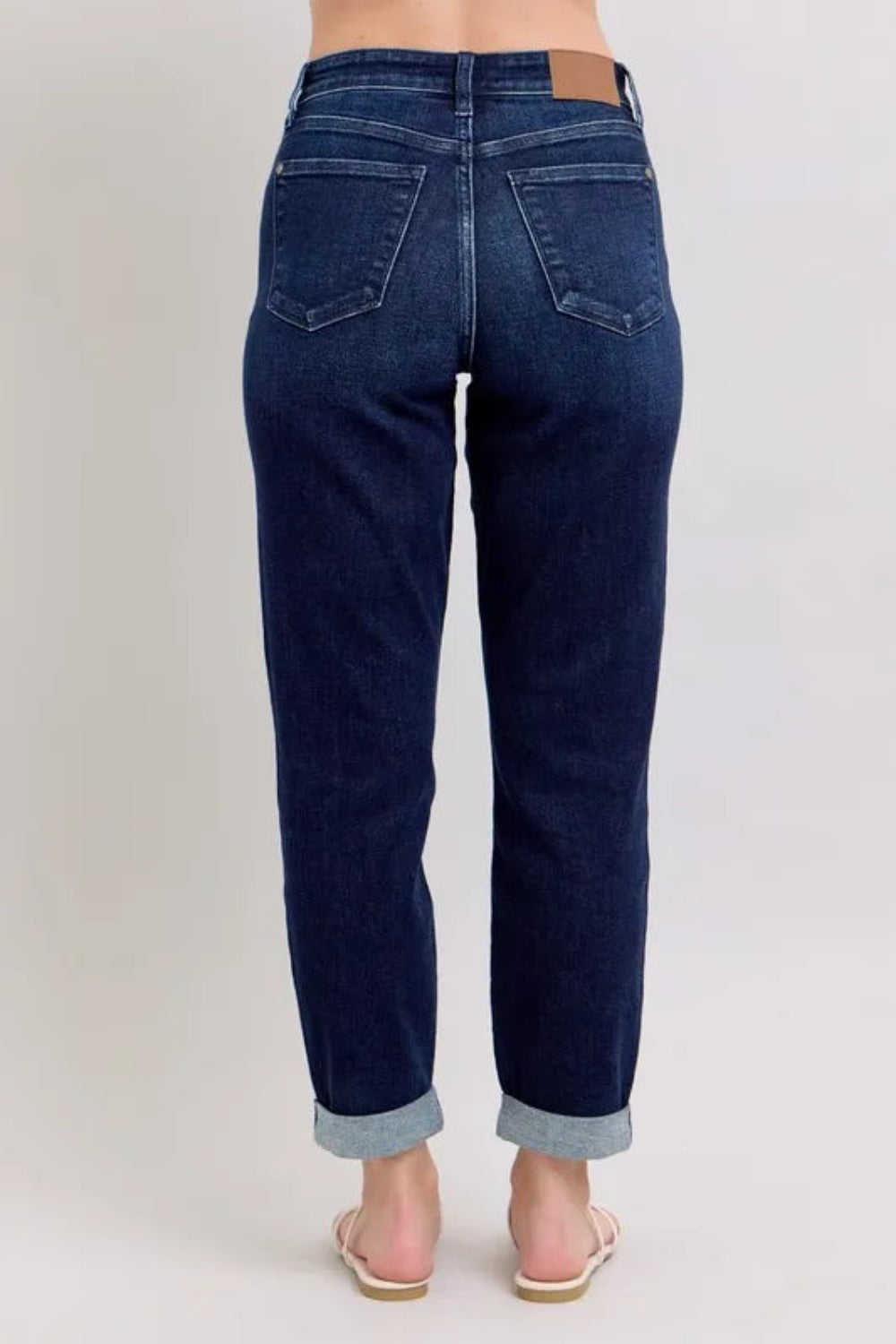 Judy Blue Jeans, high waist, full-size, pocketed, button and zipper closure, dark wash, double seam, slightly stretchy, back view