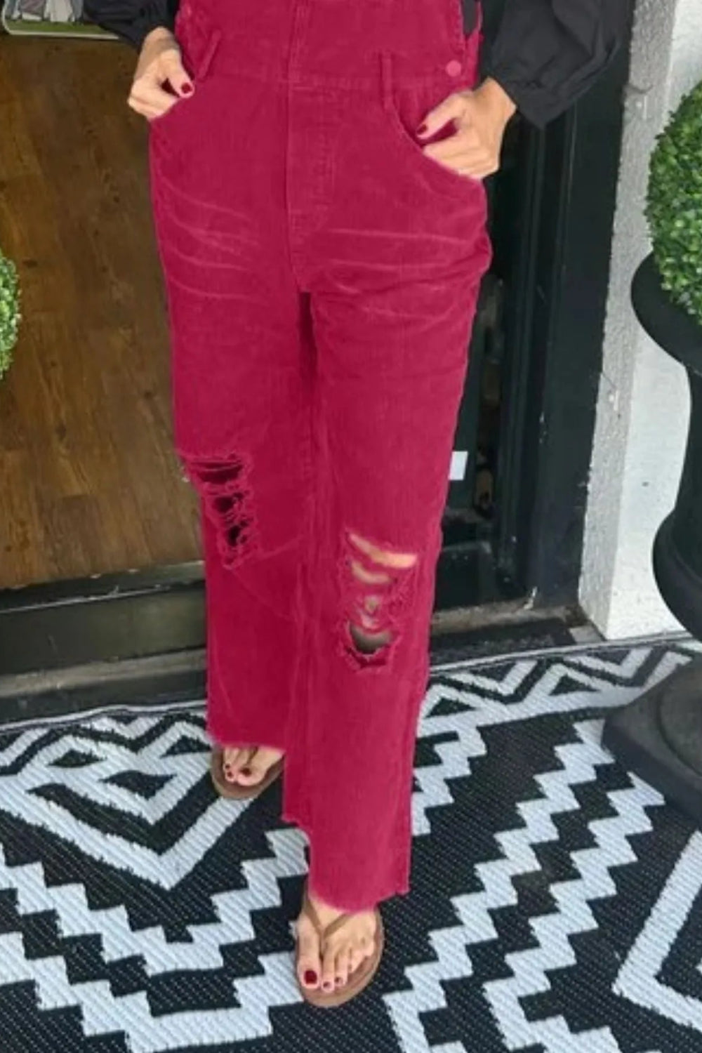 Overalls, corduroy, distressed, straight leg, pocketed, frayed hem, button clasp, no stretch, comes in several colors front view