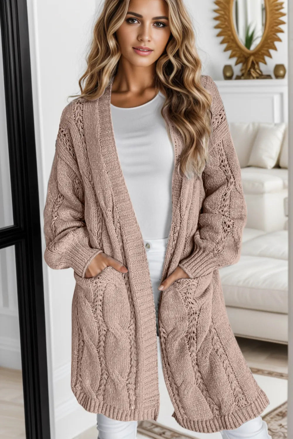 Cardigan, long sleeve, drop shoulder, open front, cable-knit, side slit, openwork, no buttons, pocketed, stretchy front view
