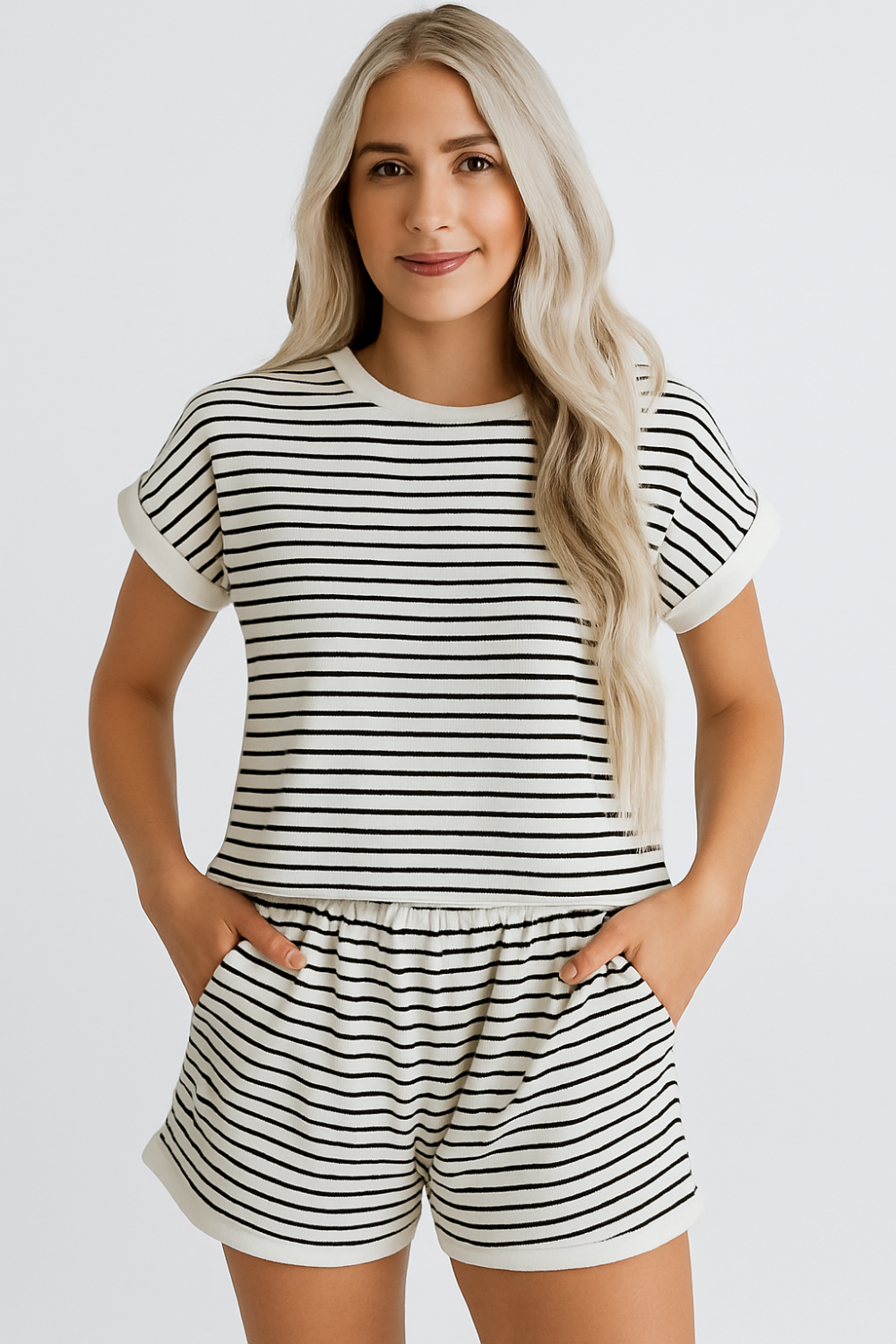 Two-piece short set, short sleeve, cuffed sleeve, cropped, striped pattern, contrast trim, elastic waist, pocketed, no drawstring, slightly stretchy front view