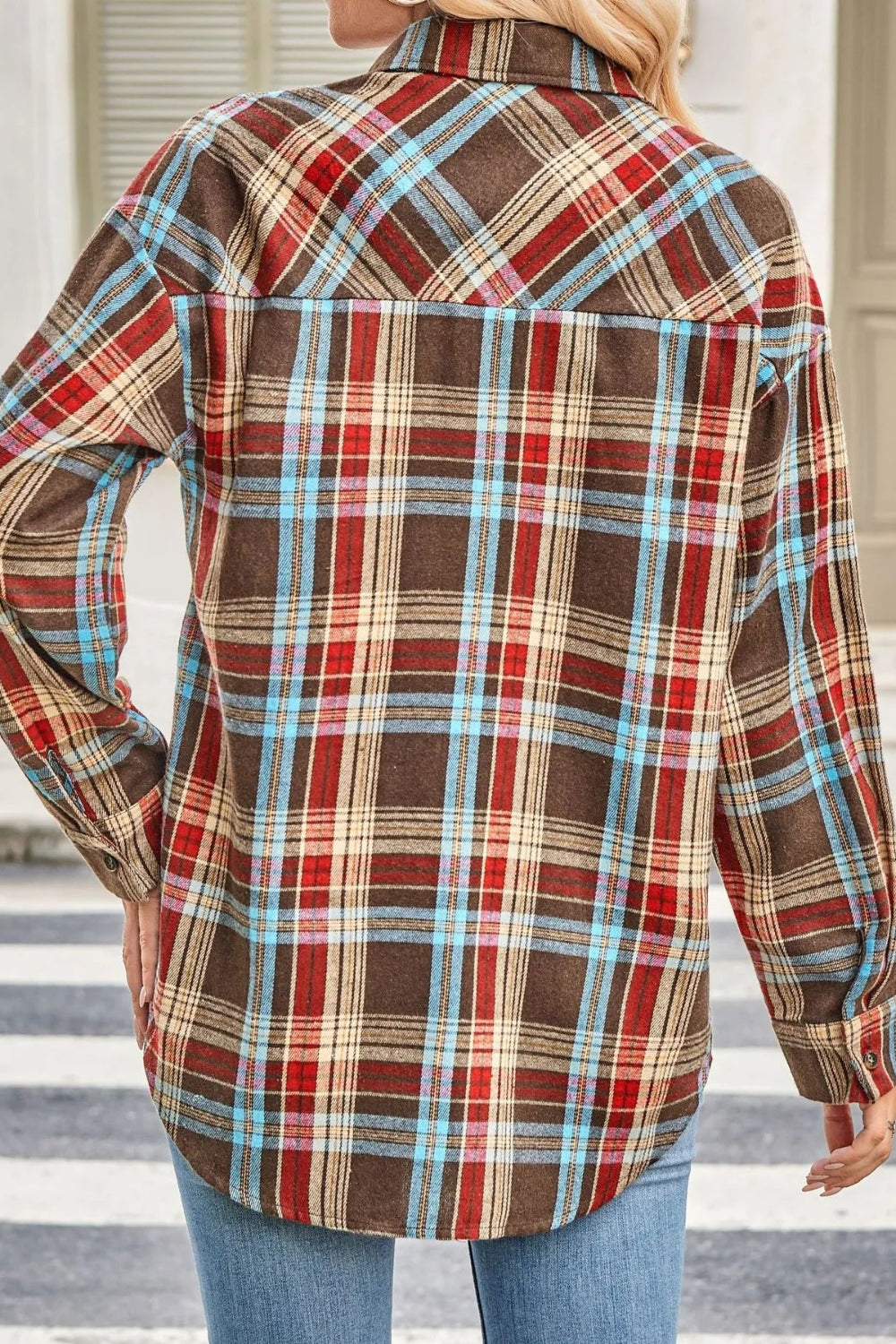 Shirt, long sleeve, collared, plaid print, buttoned, pocketed, oversized, no stretch, back view