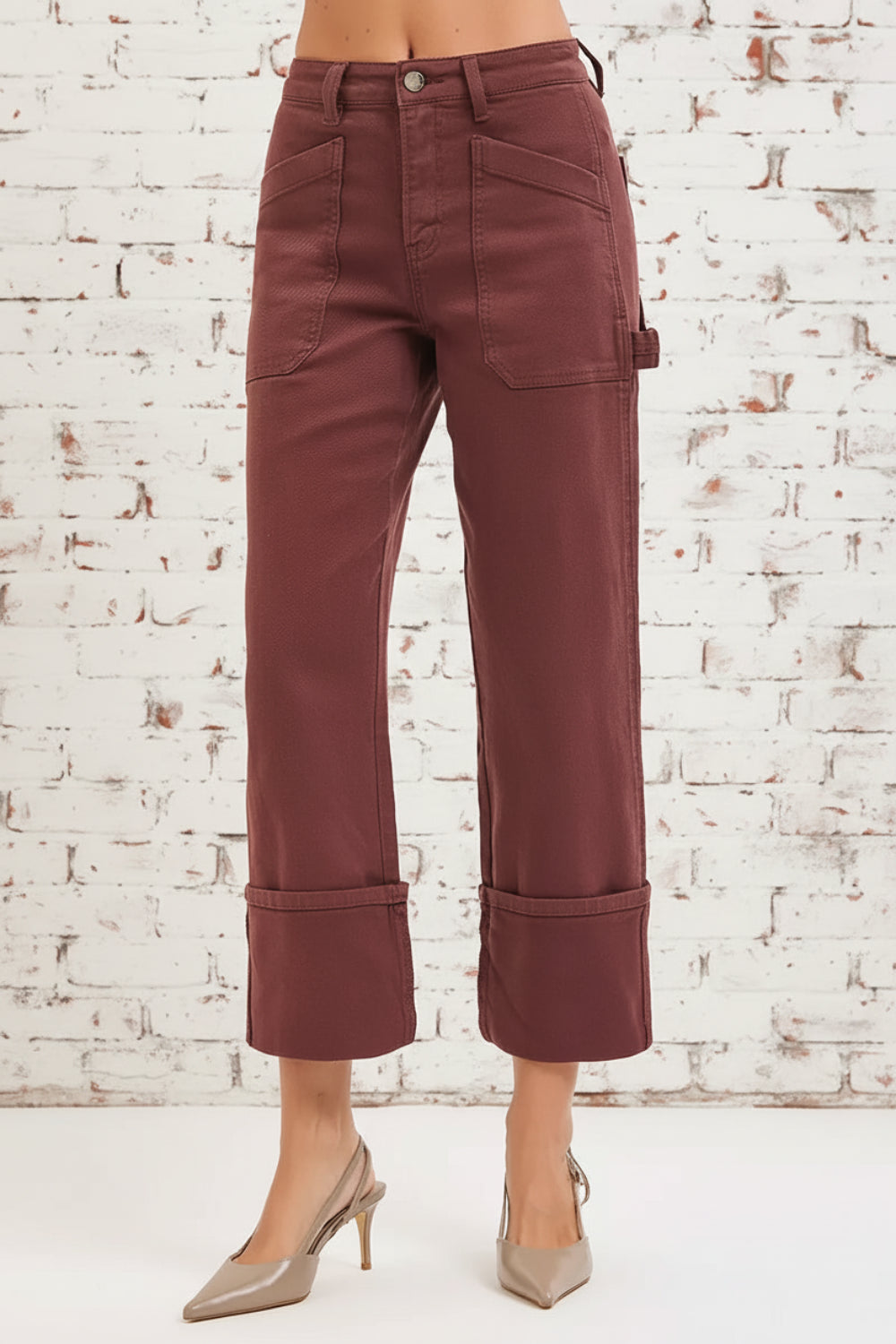 Risen jeans, full-size, high-rise, carpenter, wide leg, relaxed fit, pocketed, button/zipper closure, belt loops, cuffed hem, slightly stretchy, front view