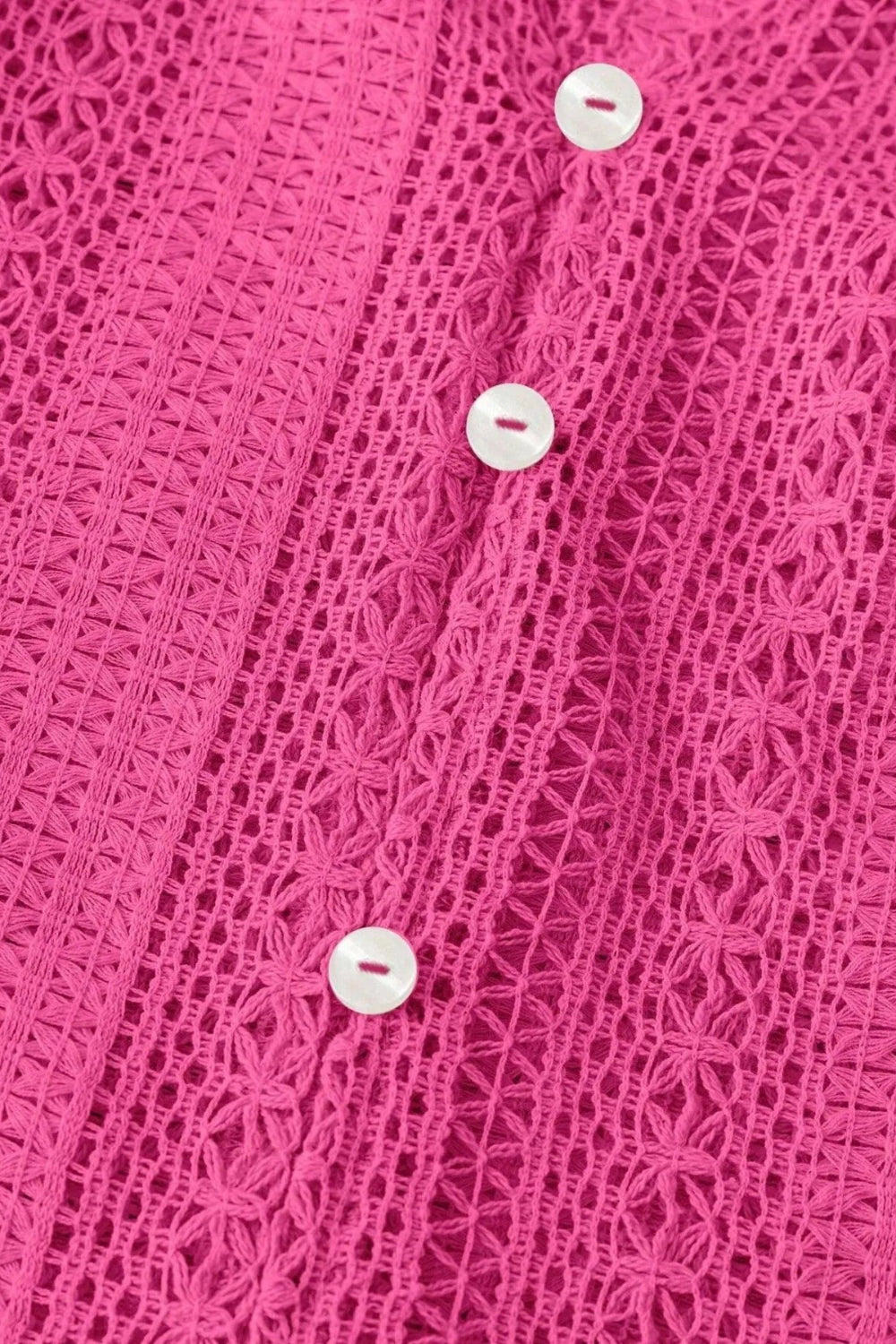 Shirt, long sleeve, crochet, ruffled v-neck, buttoned, unlined, slightly stretchy, close up view