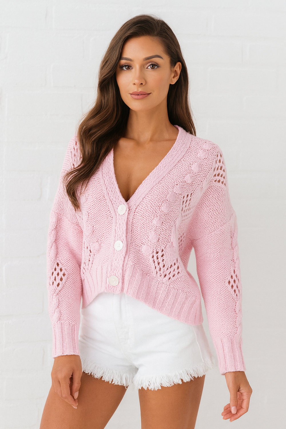 Cardigan, long sleeve, drop shoulder, openwork, cable knit, v-neck, buttoned, no stretch front view