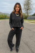 Two-piece pant set, pullover, long sleeve, drop shoulder, round neck, exposed seam, side slit, elastic waist, drawstring, pocketed, stretchy, front view
