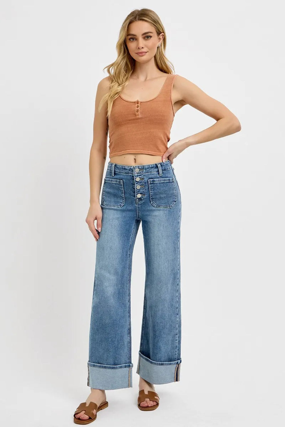 Risen Jeans, high-waisted, front patch pockets, button up, light wash, wide leg, cuffed, slightly stretchy front view
