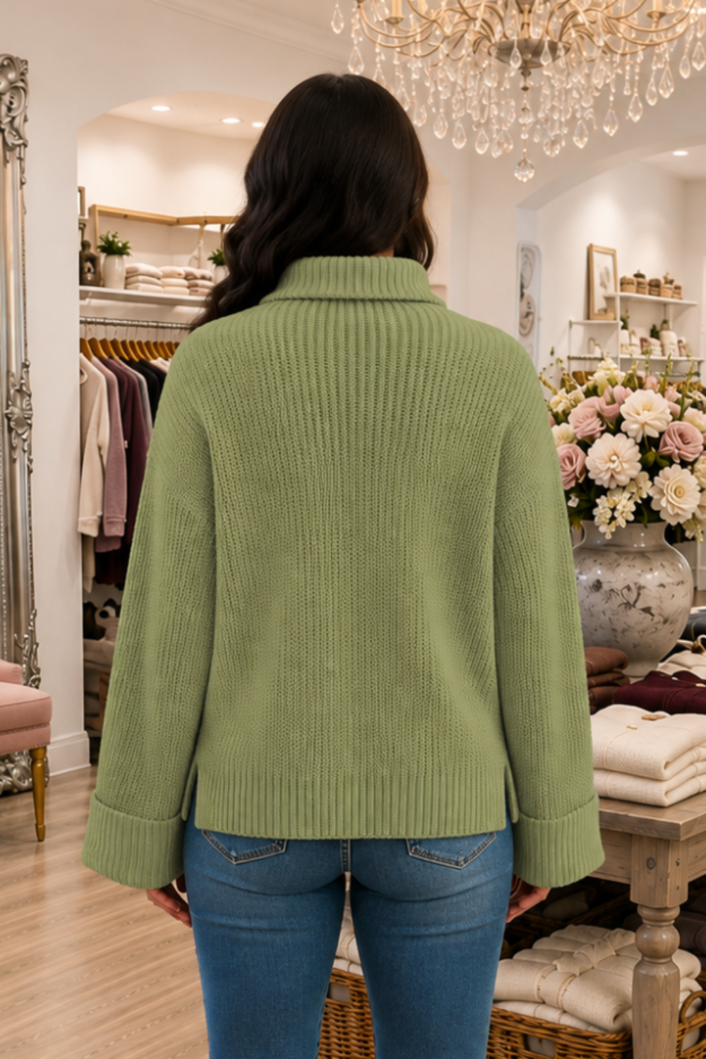* Sweater
* Mock neck
* Drop shoulder
* Long sleeve
* Cuffed sleeves
* Ribbed
* Split hem
* Oversized
* Slightly stretchy