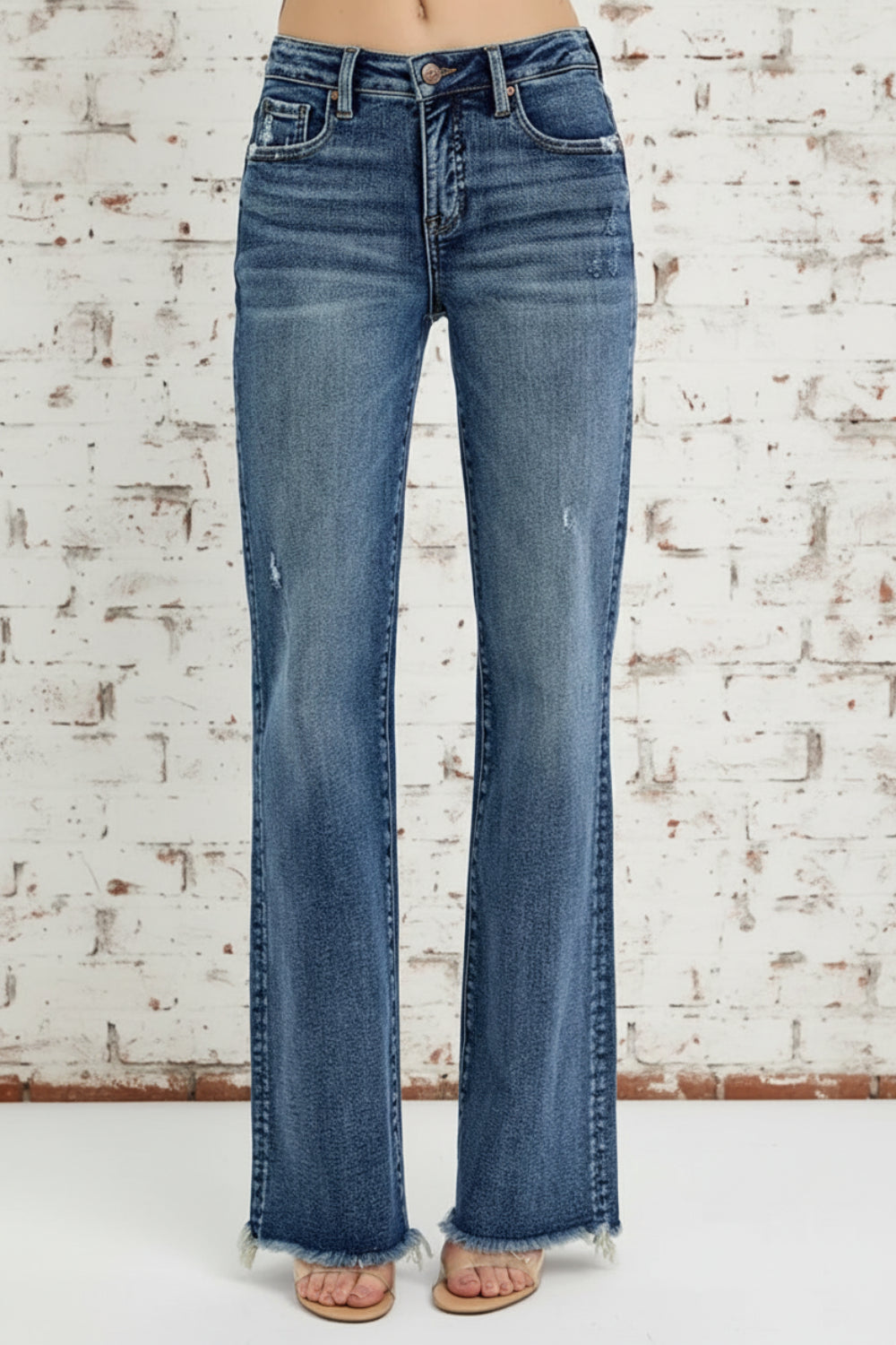 Risen Jeans, full-size, high-rise, distressed, raw hem, long, straight leg, dark wash, button/zipper closure, belt loops, pocketed, slightly stretchy, front view
