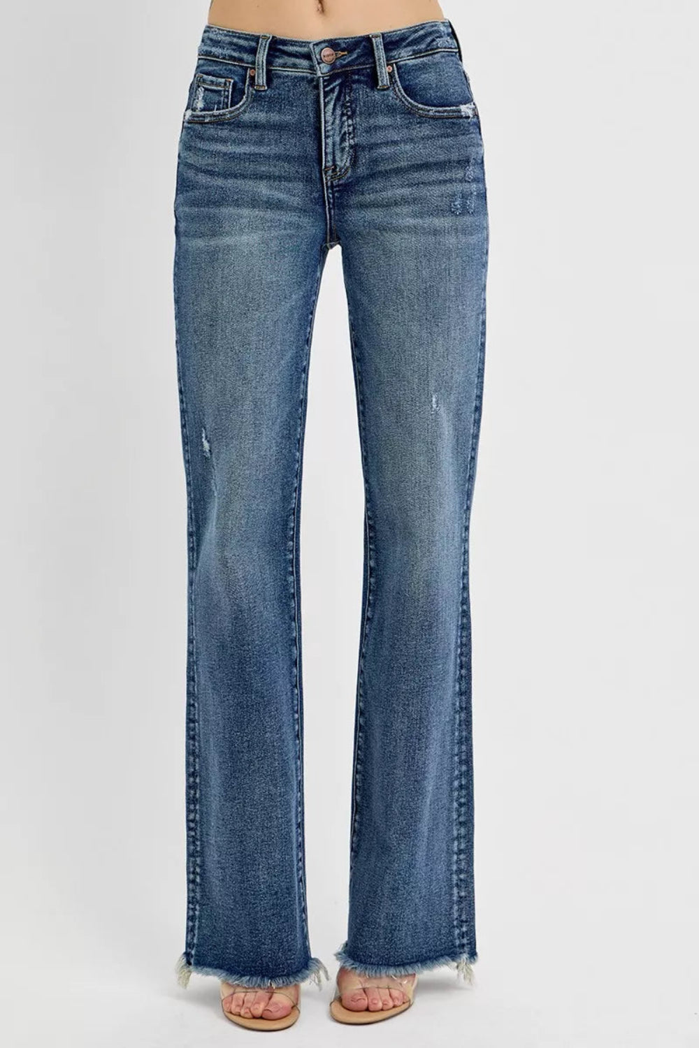 Risen Jeans, full-size, high-rise, distressed, raw hem, long, straight leg, dark wash, button/zipper closure, belt loops, pocketed, slightly stretchy, front view
