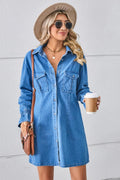 Shirt dress, mini, denim, drop shoulder, long sleeve, elastic ruffled cuffs, collared, front patch pockets, back pleat, no stretch, front view
