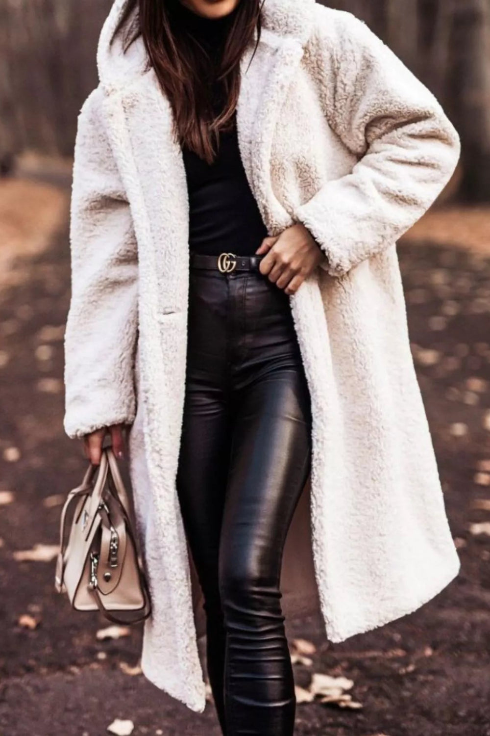 coat, longline, lined, hooded, buttoned, pocketed, thick, oversized, slightly stretchy, front view