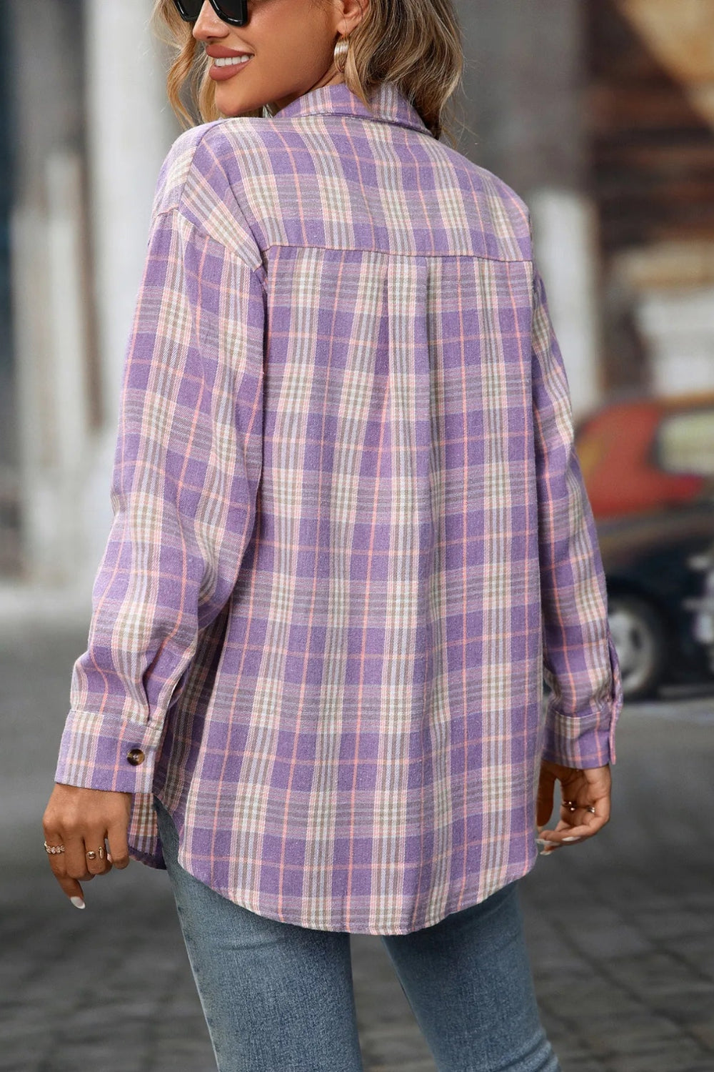 Shirt, long sleeve, collared, buttoned, oversized, front flap pockets, plaid print, no stretch, back view