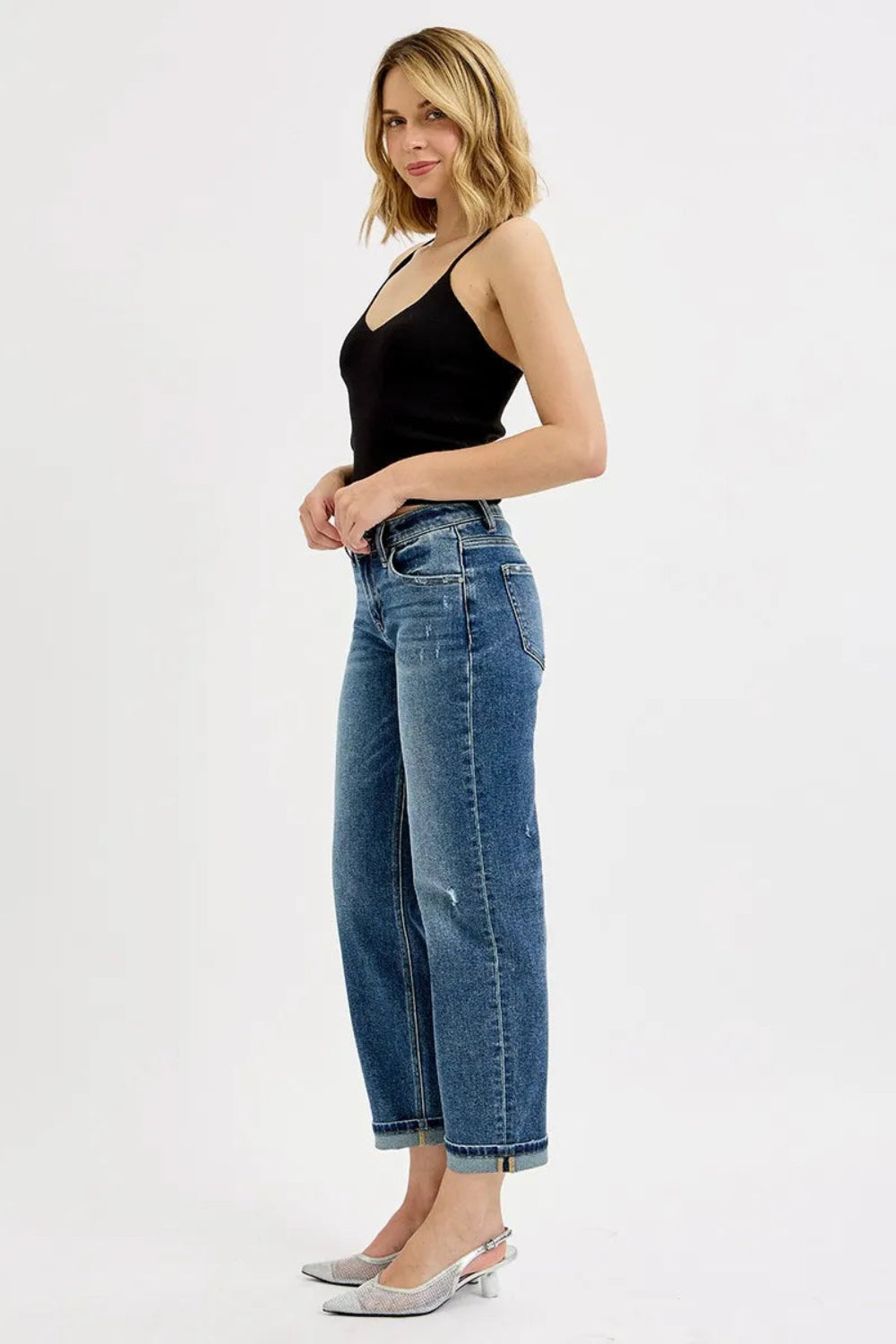 Risen Jeans, full-size, low-rise, vintage medium blue wash, straight leg, cropped, boyfriend fit, distressed details, pocketed, button and zipper closure, slightly stretchy side view