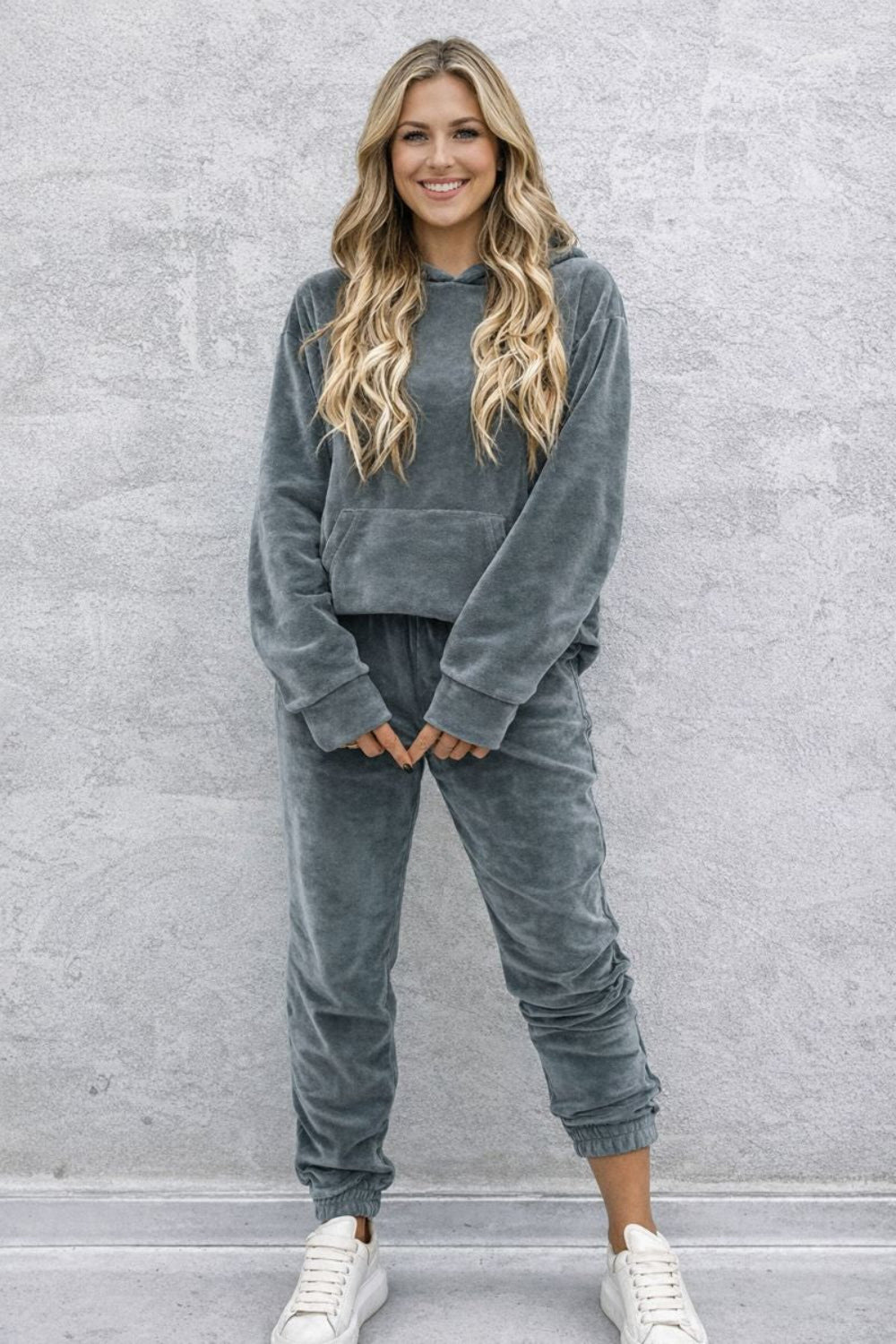 Two-piece jogger set, kangaroo pocket, drop shoulder, long sleeve, pocketed, soft fabric, no drawstrings, elastic waist, slightly stretchy, front view