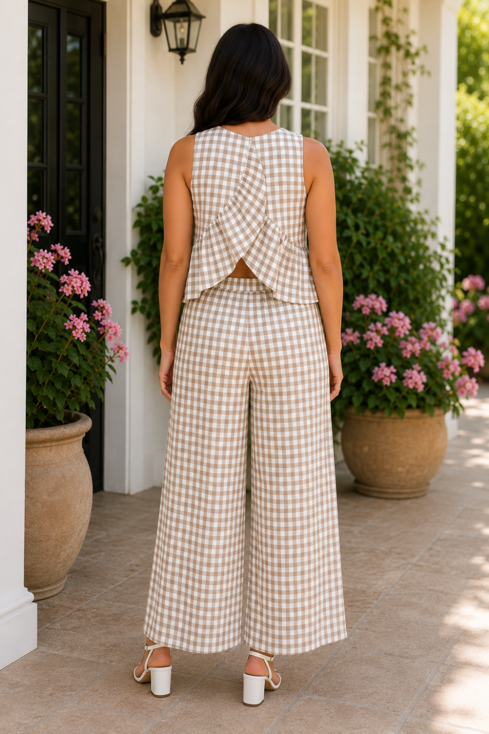 * Two-piece set
* Round neck
* Sleeveless
* Buttoned back closure
* Open back
* Elastic waist
* Pocketed
* Wide leg
* Ruffled
* No stretch