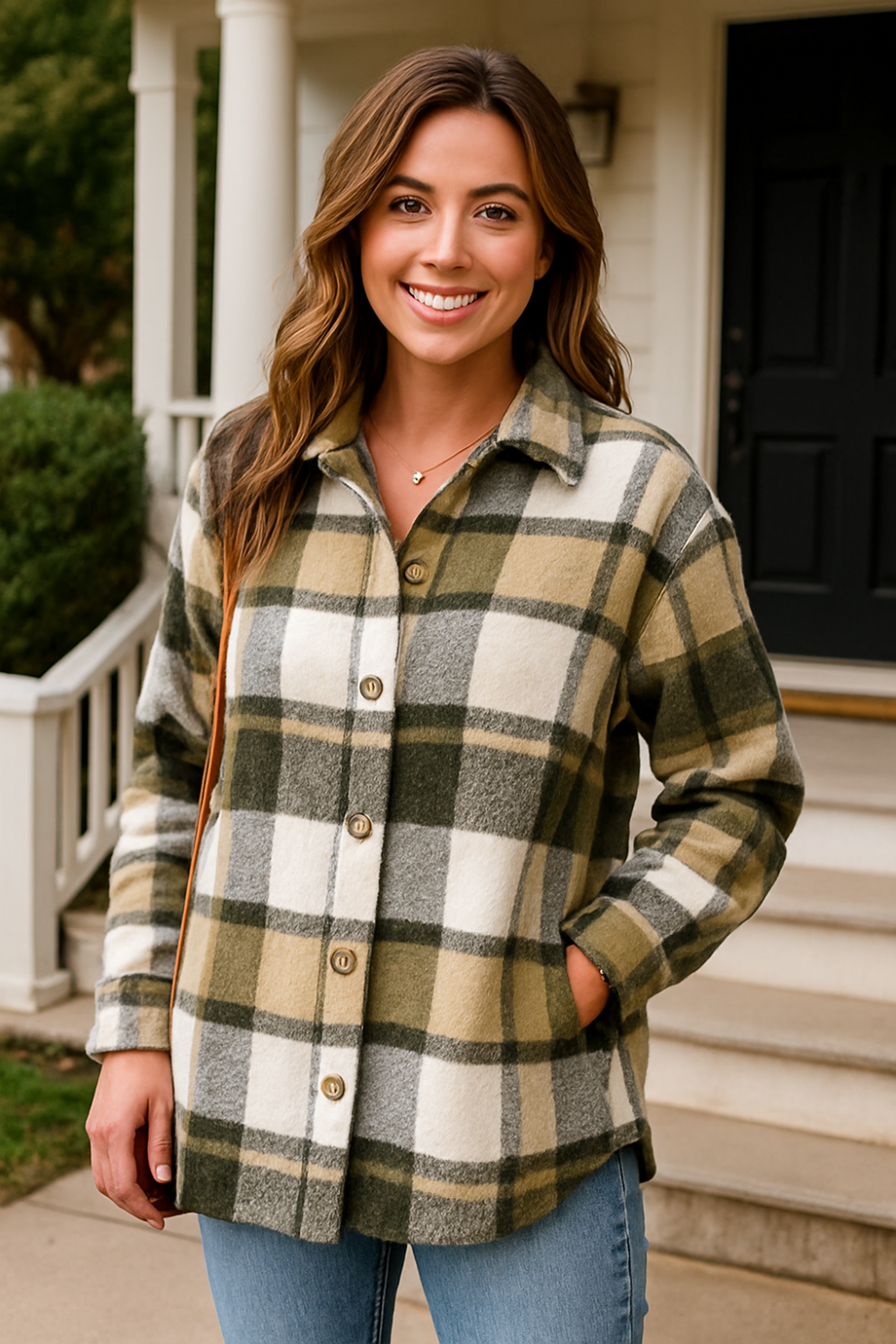 Shacket, collared, buttoned, front pocket, drop shoulder long sleeve, removable hood, lightweight, unlined, no stretch, front view