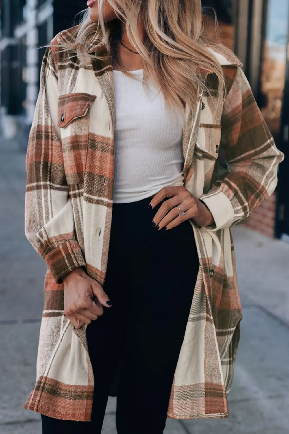 Shacket, extra long, collared, drop shoulder, long sleeve, front flap pockets, pleated buttoned cuffs, plaid, curved hem with side slits, back slit, unlined, lightweight, no stretch, front view