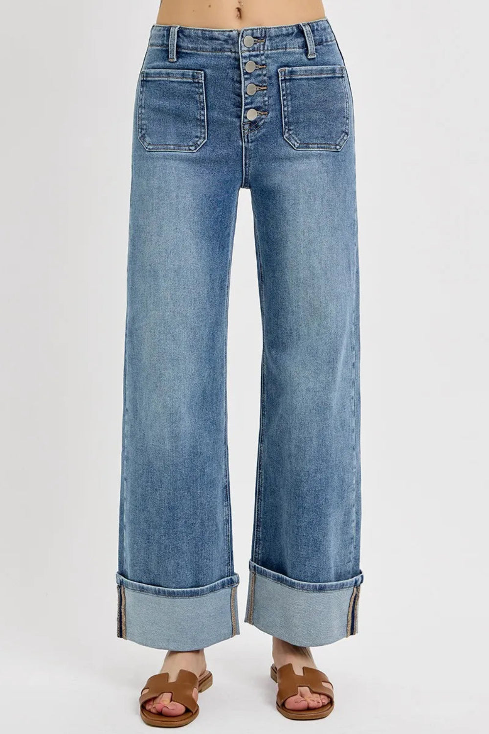 Risen Jeans, high-waisted, front patch pockets, button up, light wash, wide leg, cuffed, slightly stretchy front view
