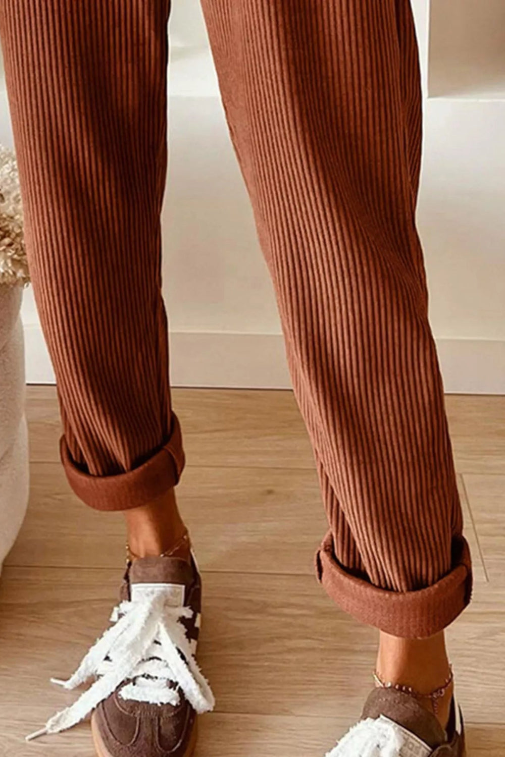 Pants, corduroy, drawstring, pocketed, elastic waist, high-rise, straight leg, no stretch, front view close up of bottoms