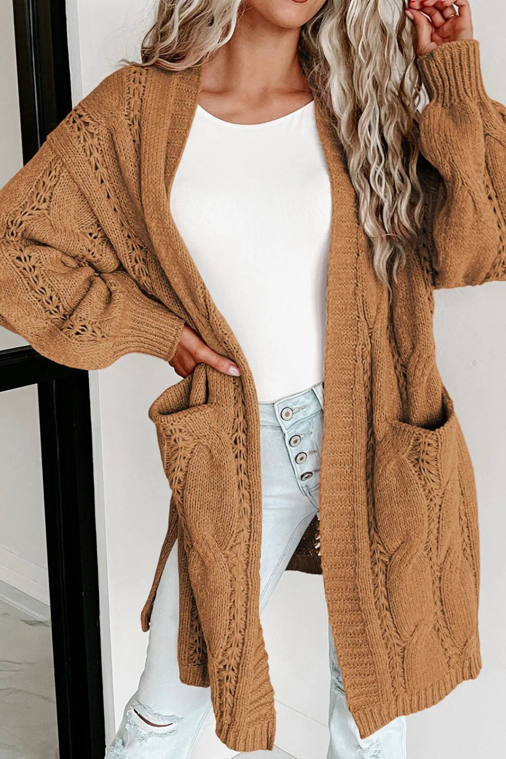 Cardigan, long sleeve, drop shoulder, open front, cable-knit, side slit, openwork, no buttons, pocketed, stretchy front view