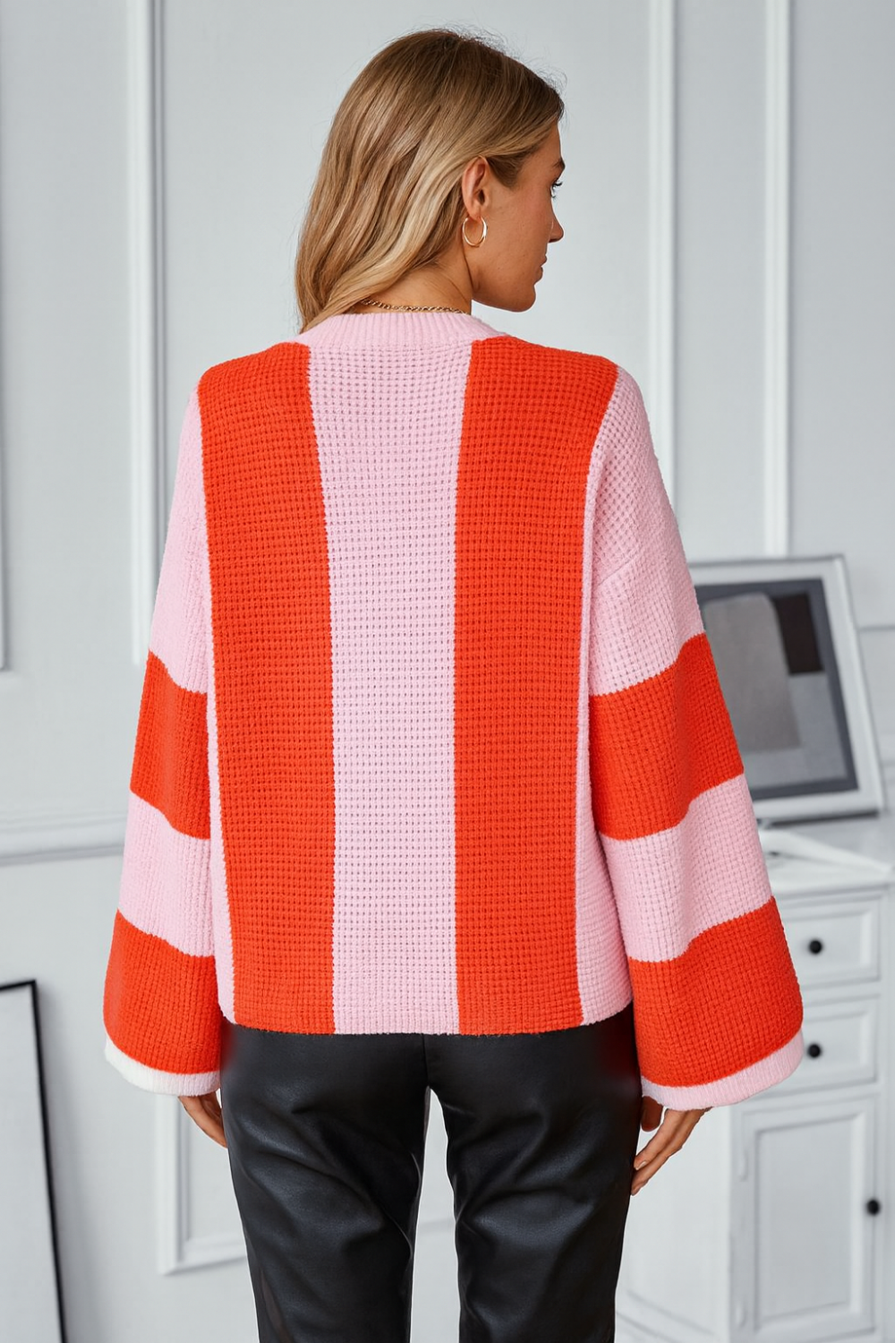 Sweater, pullover, long sleeve, round neck, drop shoulder, waffle knit, oversized, stretchy, back view