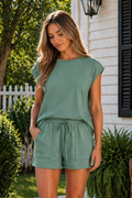 * Two-piece set
* Pullover top
* Round neck
* Cap sleeve
* Banded hem
* Drawstring shorts
* Pocketed
* Some stretch
