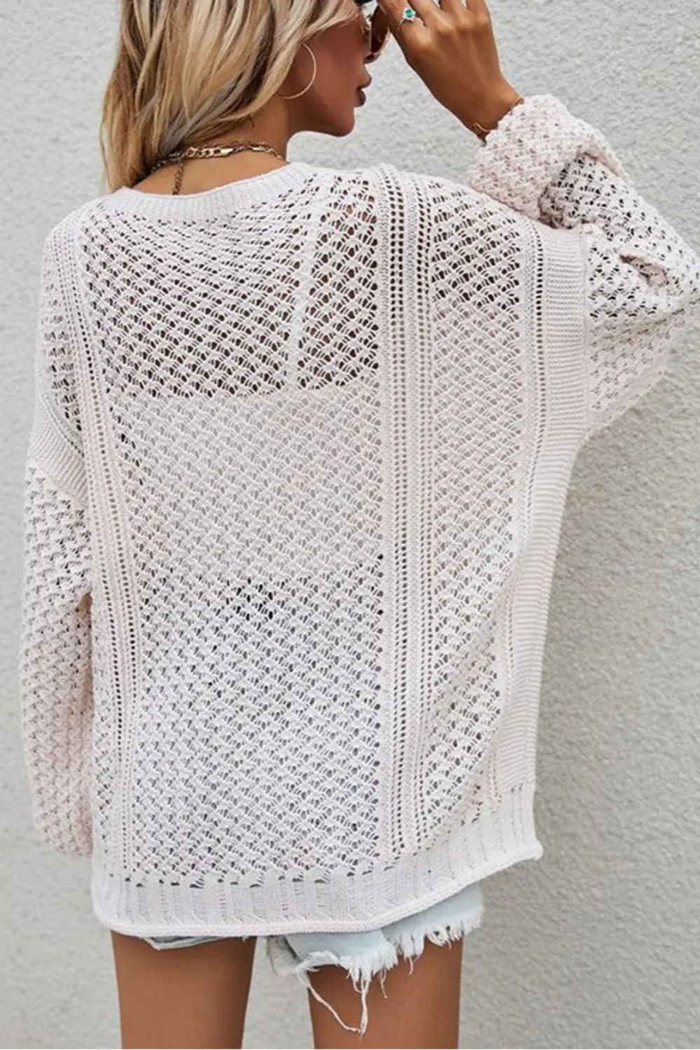 Cardigan, long sleeve, openwork, buttoned, oversized, drop shoulder, stretchy back view