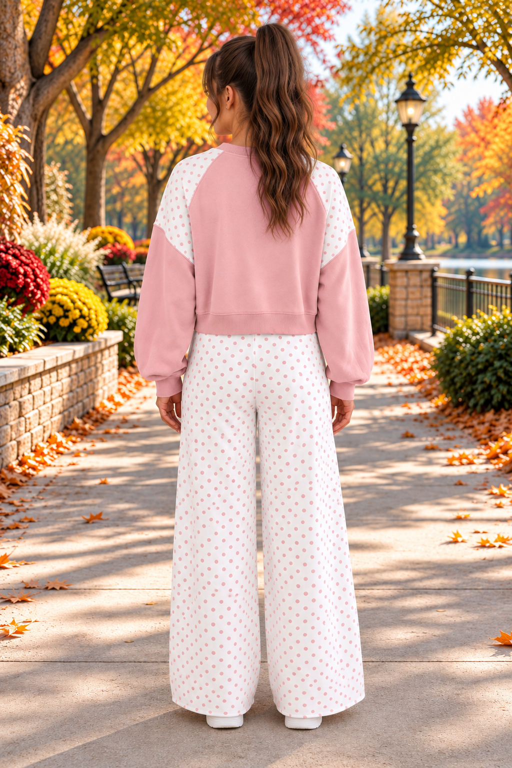 Social Club Pant Set with a light pink cropped sweatshirt, polka-dot shoulder panels, and matching wide-leg drawstring pants back view.