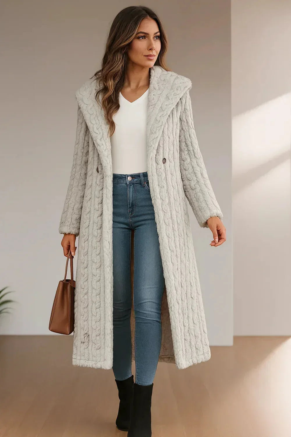 Longline coat, hooded, buttoned, pocketed, thick, lined, oversized, cable-knit design, some stretch, front view