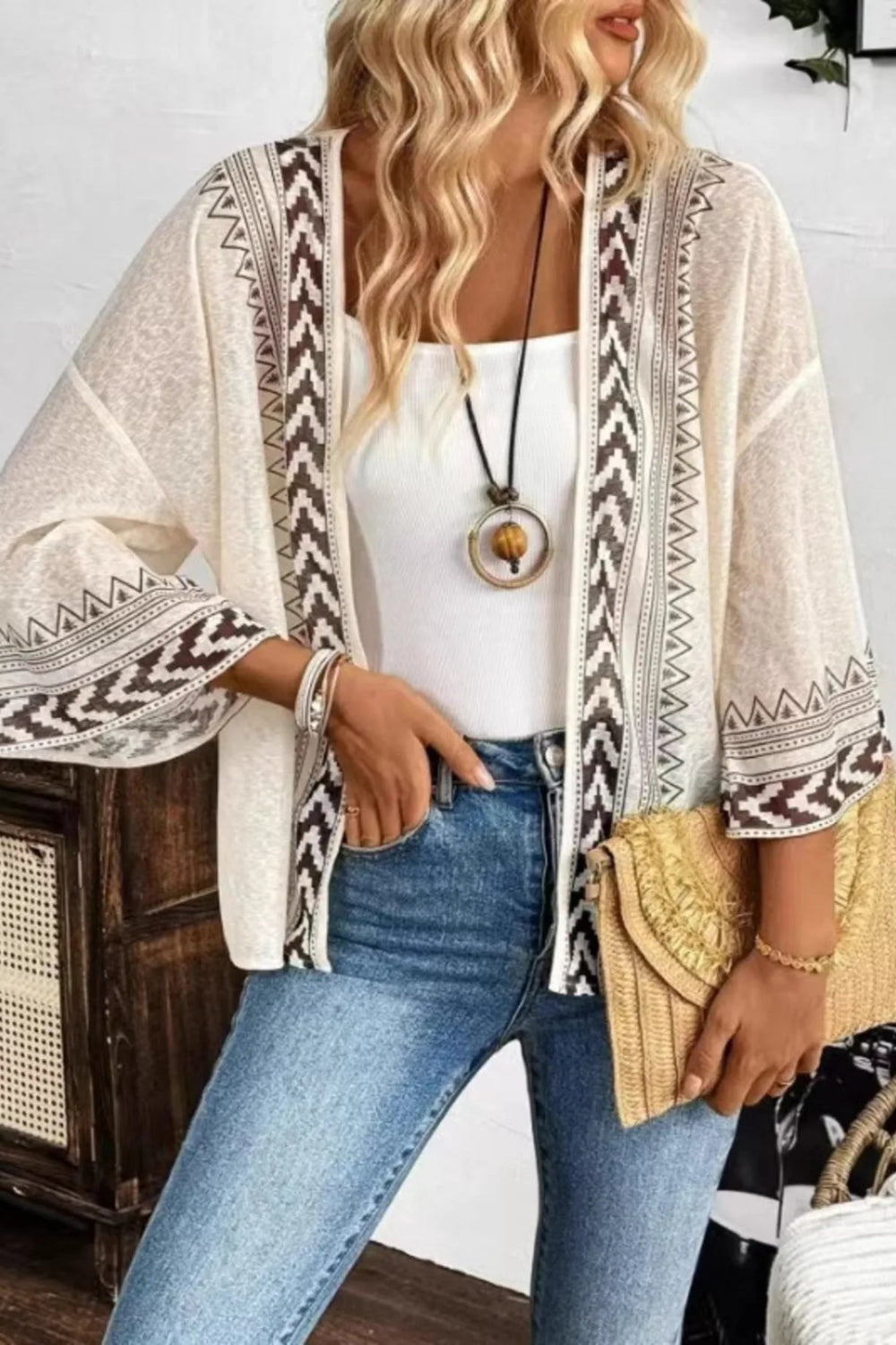 Cardigan, open front, wide sleeve, drop shoulder, sheer, geometric print, sits below the waist, no stretch front view