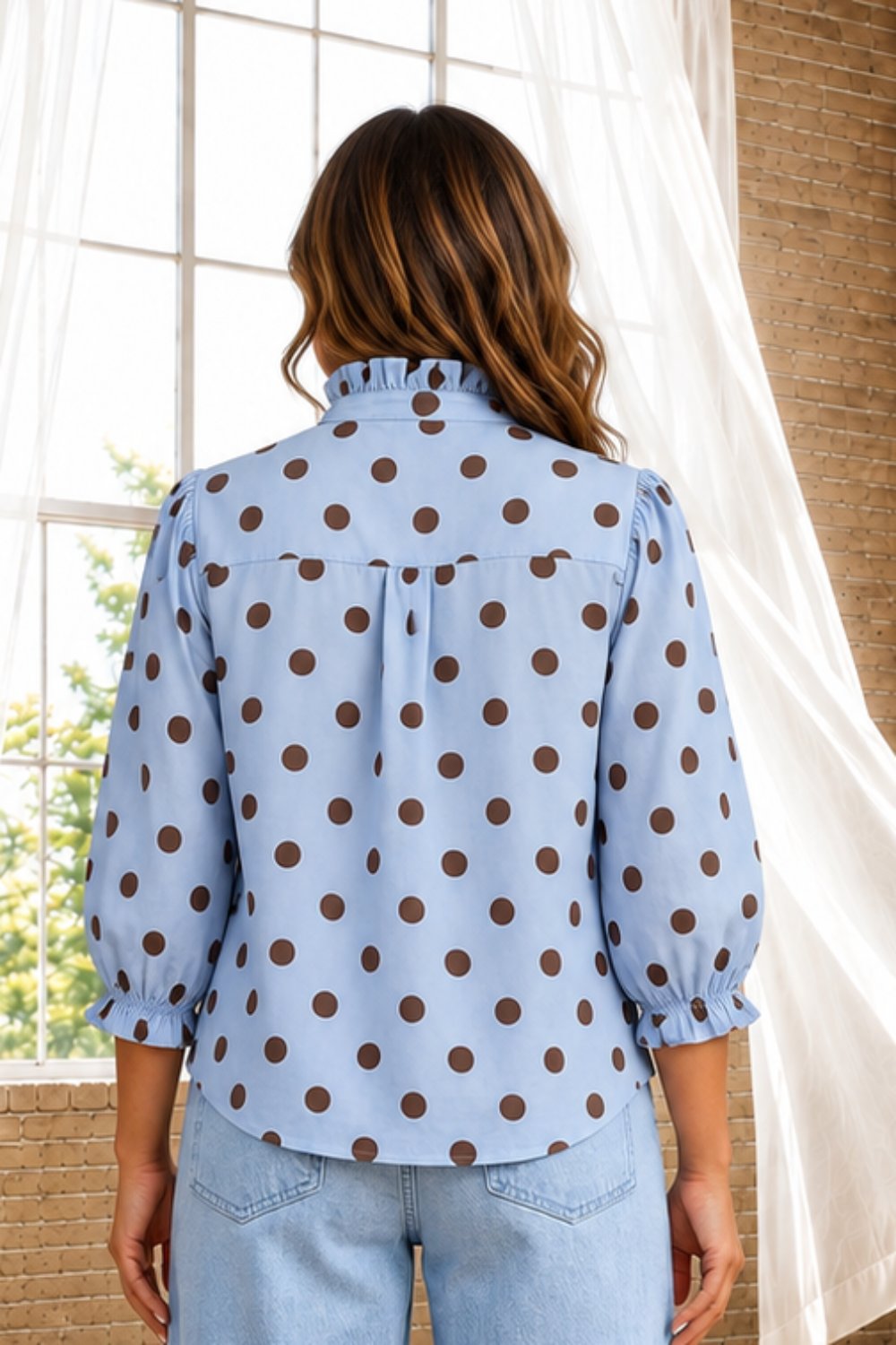 * Stand-collar
* Half puff sleeve
* Ruffled
* Buttoned
* Elastic cuff
* Pleated
* Round hem
* No stretch