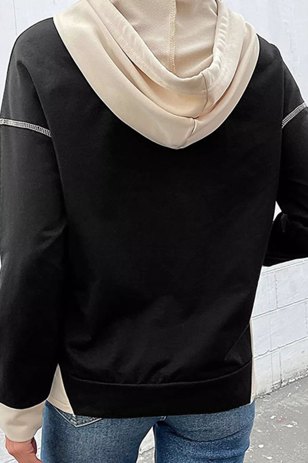 hoodie, long sleeve, pullover, drawstring, drop shoulder, exposed seams, kangaroo pocket, contrast seams, slightly stretchy, back view