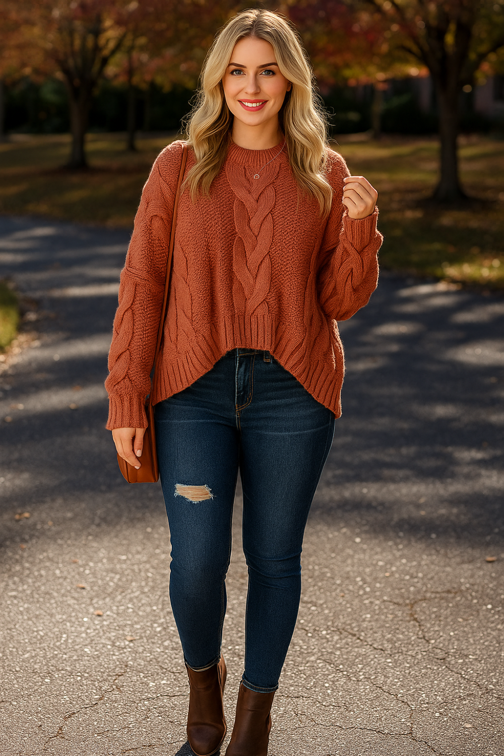Sweater, round neck, ribbed trim, cable knit, drop shoulder, long sleeve, oversized, medium length, stretchy, exposed seams,  front view