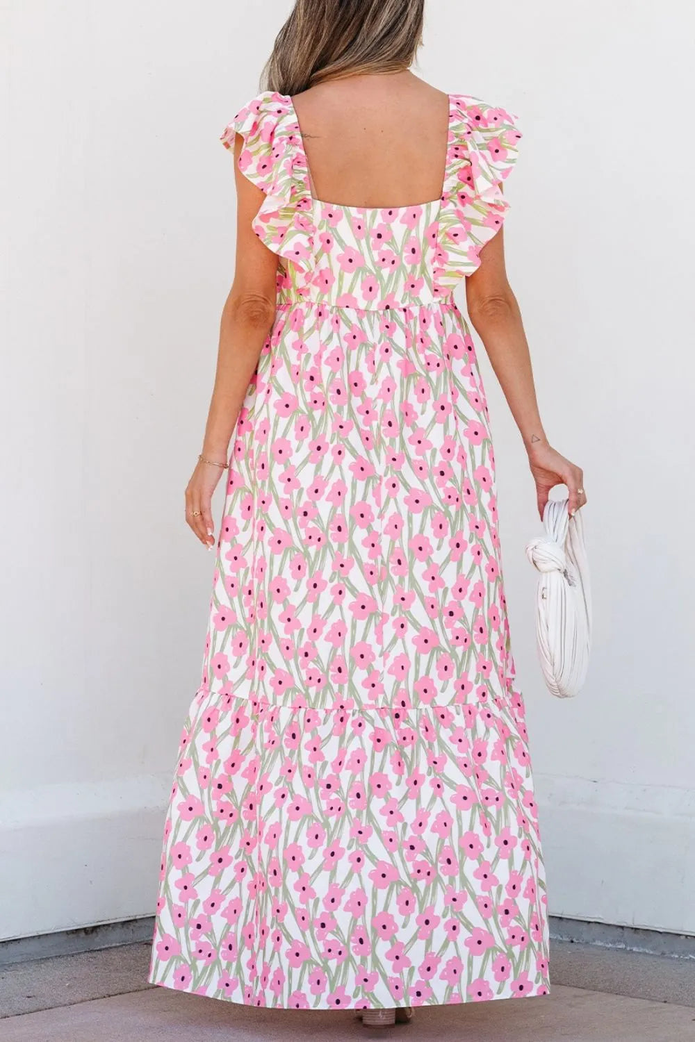 Maxi dress, floral print, sleeveless, ruffled straps, square neck, tiered, opaque, unlined, pocketed, no elasticity back view
