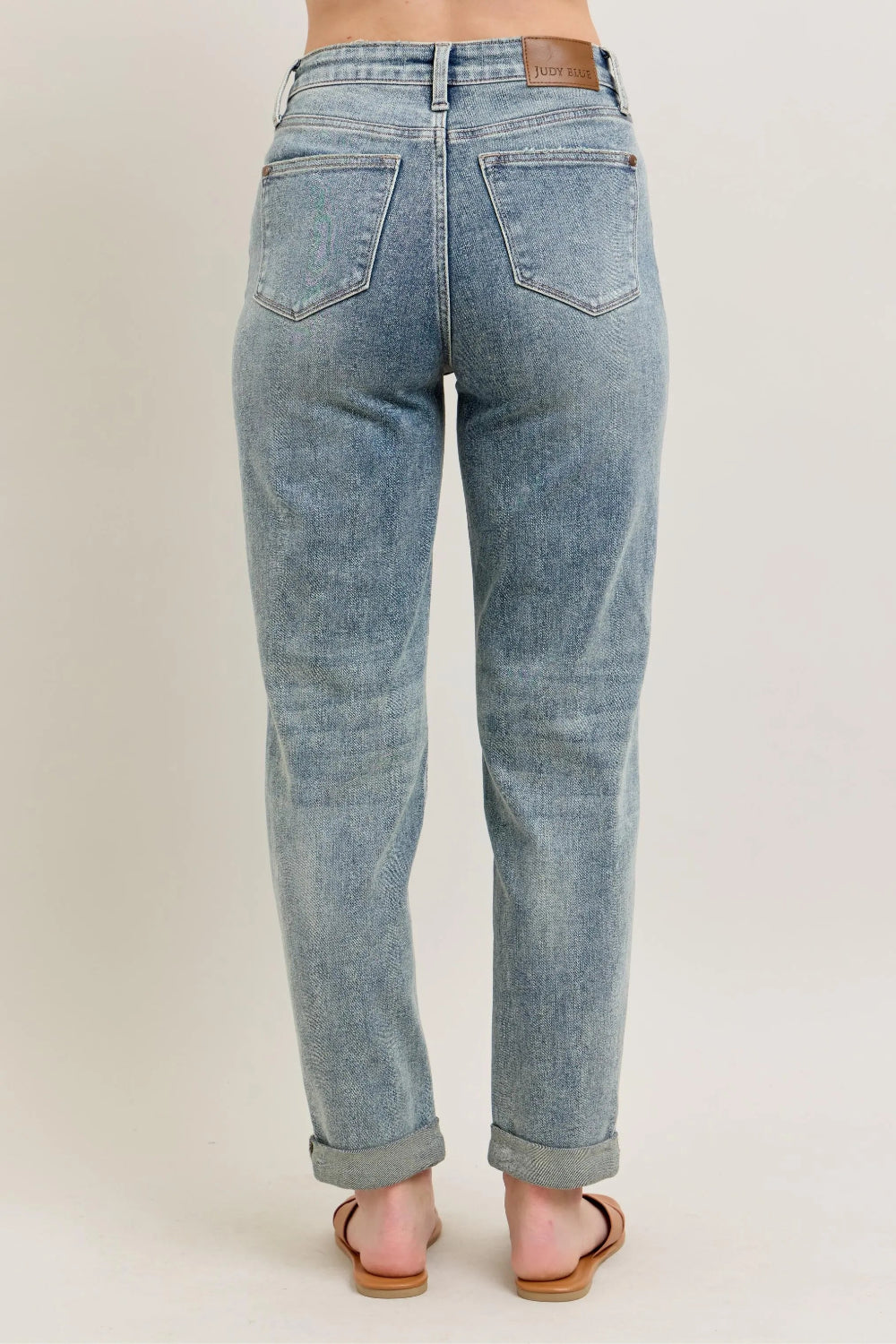 Judy Blue Jeans, full-size, high-rise, vintage wash, 5-pocket design, ankle length, optional roll-up cuffs, relaxed fit, button-zip closure, straight leg, slightly stretchy, back view