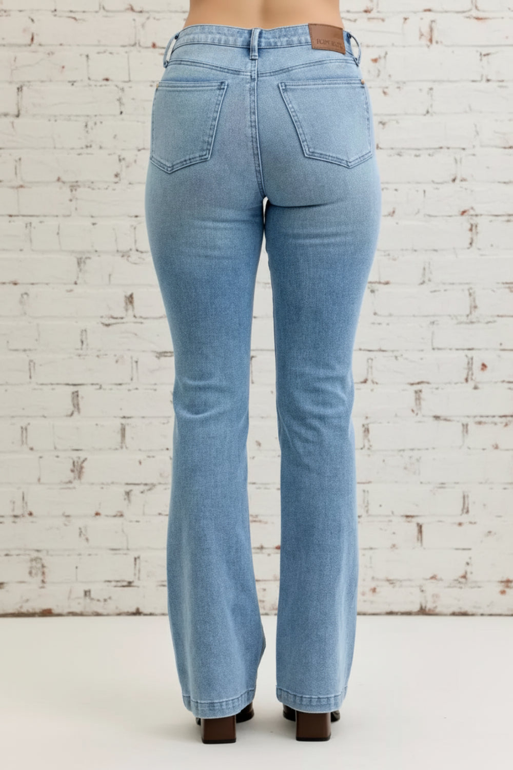 Judy Blue, high-rise, mid-rise, patch pocket, bootcut, contrast wash, pocketed, belt loops, button/zipper closure, stretchy, back view