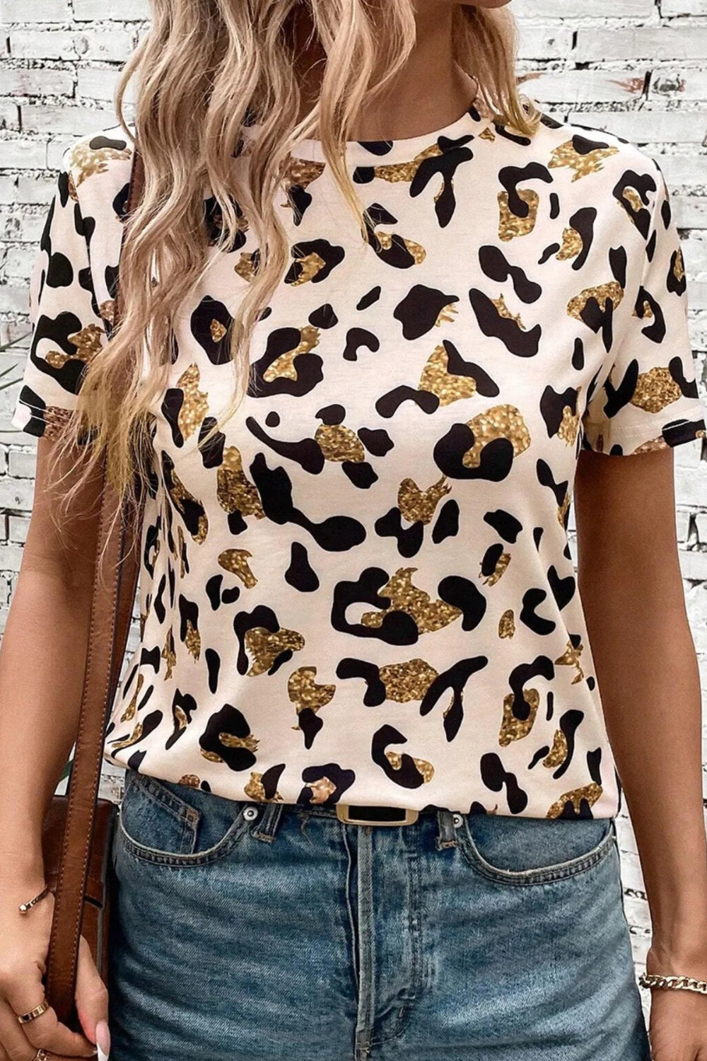 T-Shirt, Round Neck, Short Sleeve, Leopard Print, Medium Length, Slightly Stretchy Front View