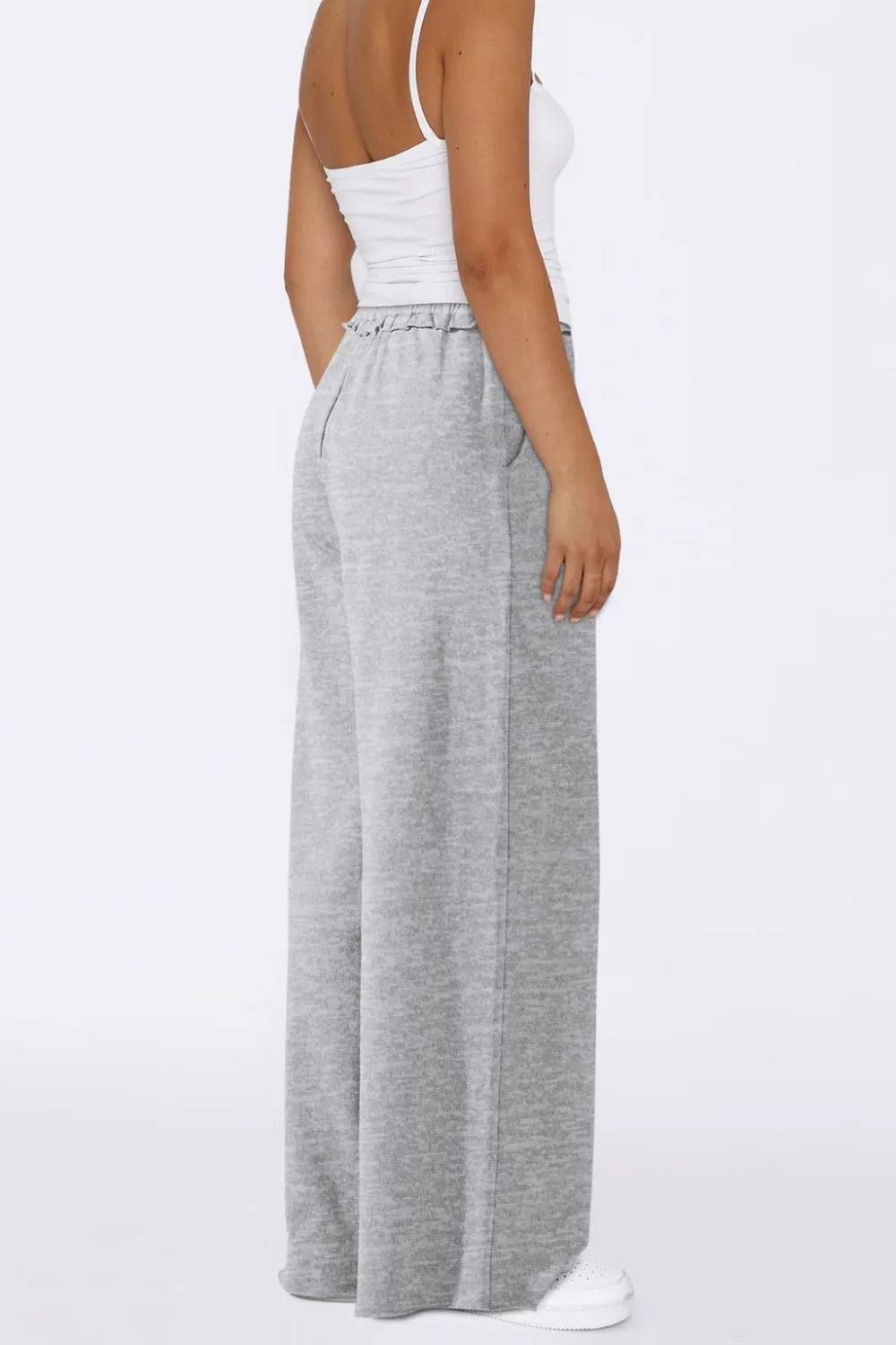 Pants, high waist, drawstring, elastic waist, opaque, frill, wide leg, pocketed, no stretch side view