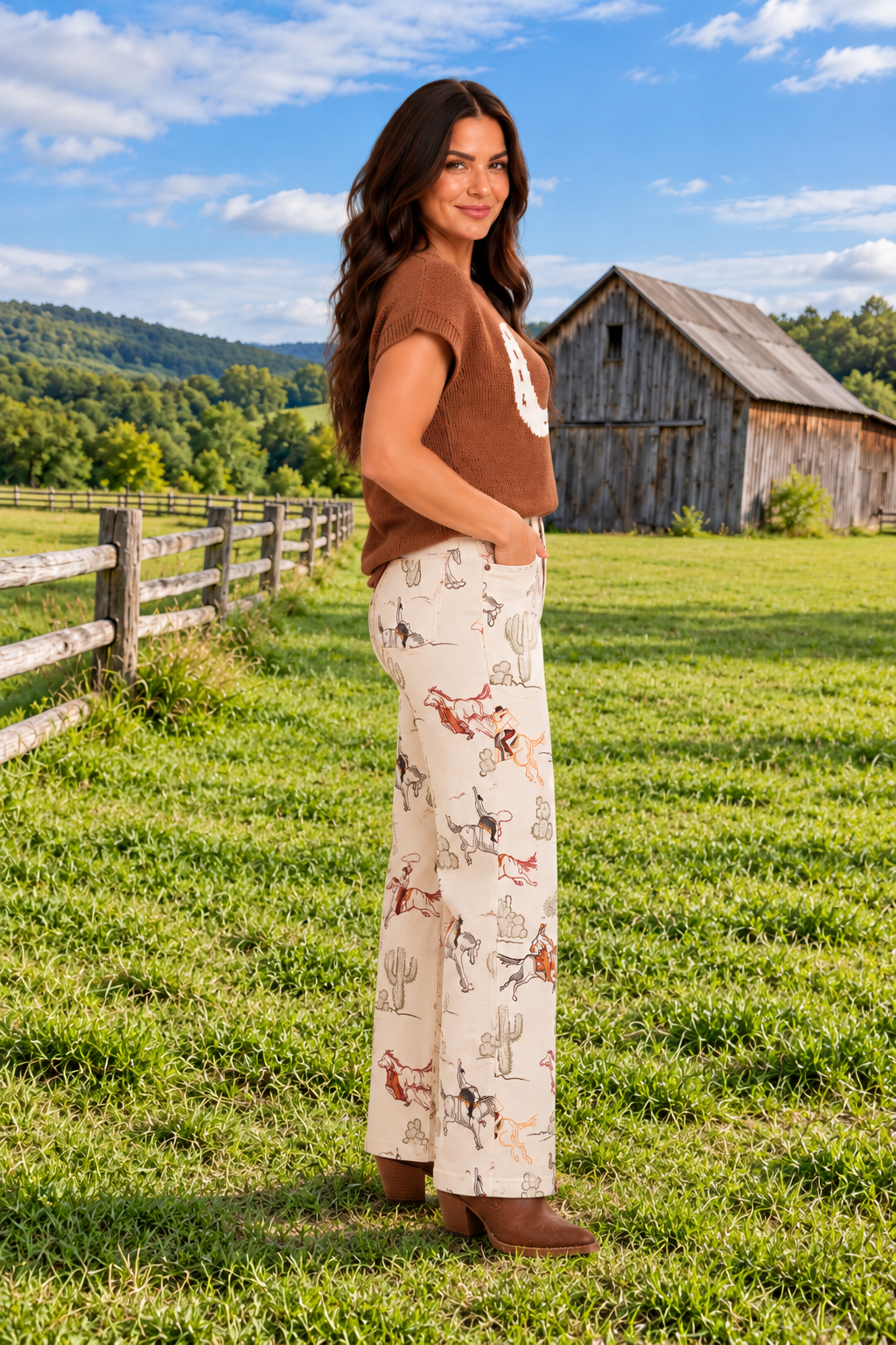 Side view close up of the Rodeo Revival Jeans in cream with a cowboy, horse, and cactus print, high waist, and wide legs.