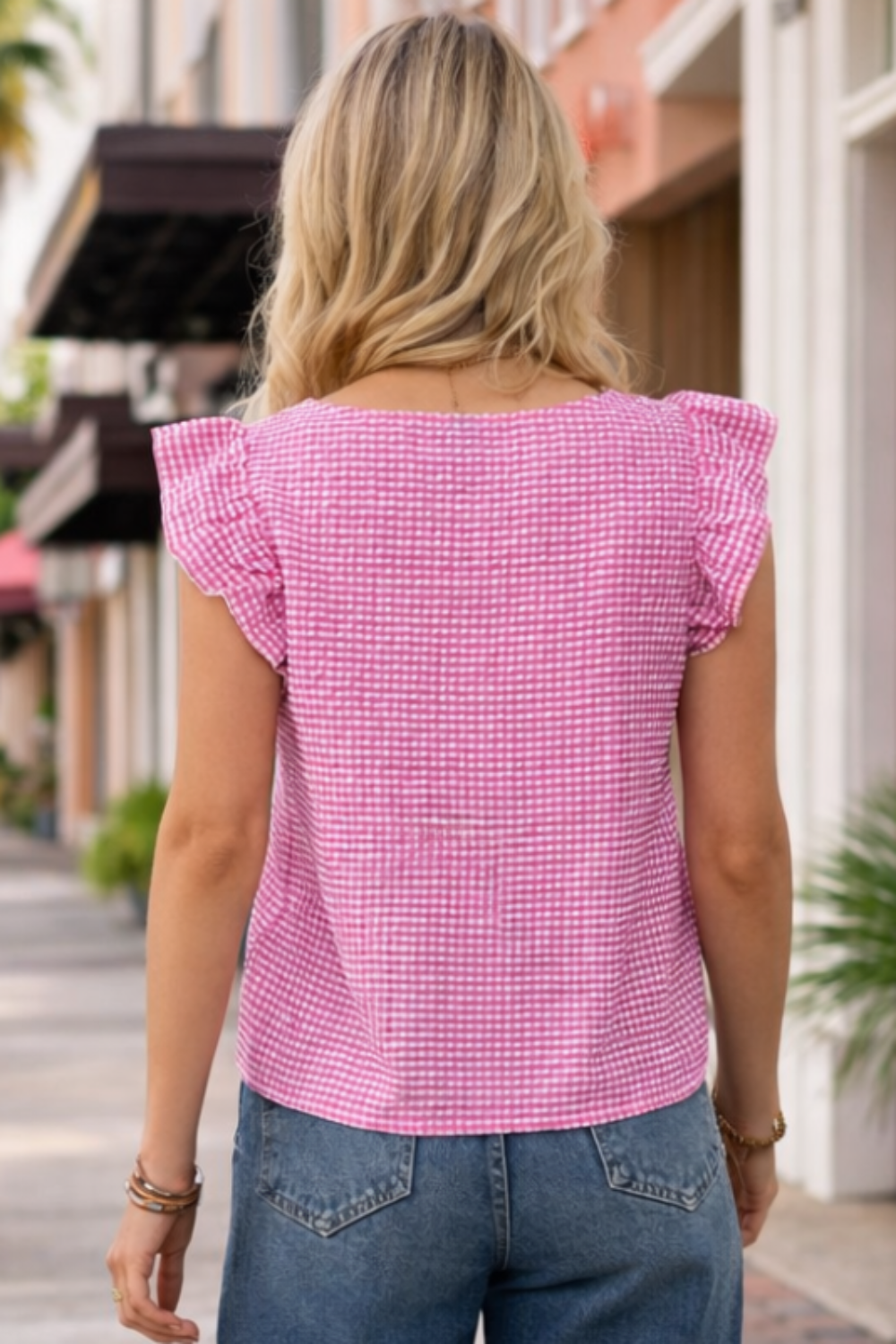 * Gingham top
* Square neck
* Ruffled sleeves
* No stretch