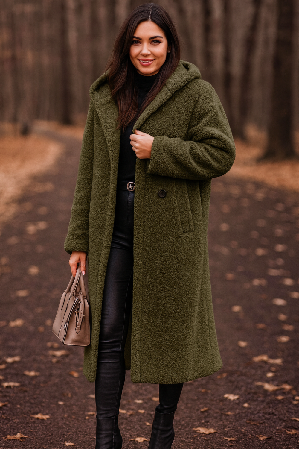 coat, longline, lined, hooded, buttoned, pocketed, thick, oversized, slightly stretchy, front view