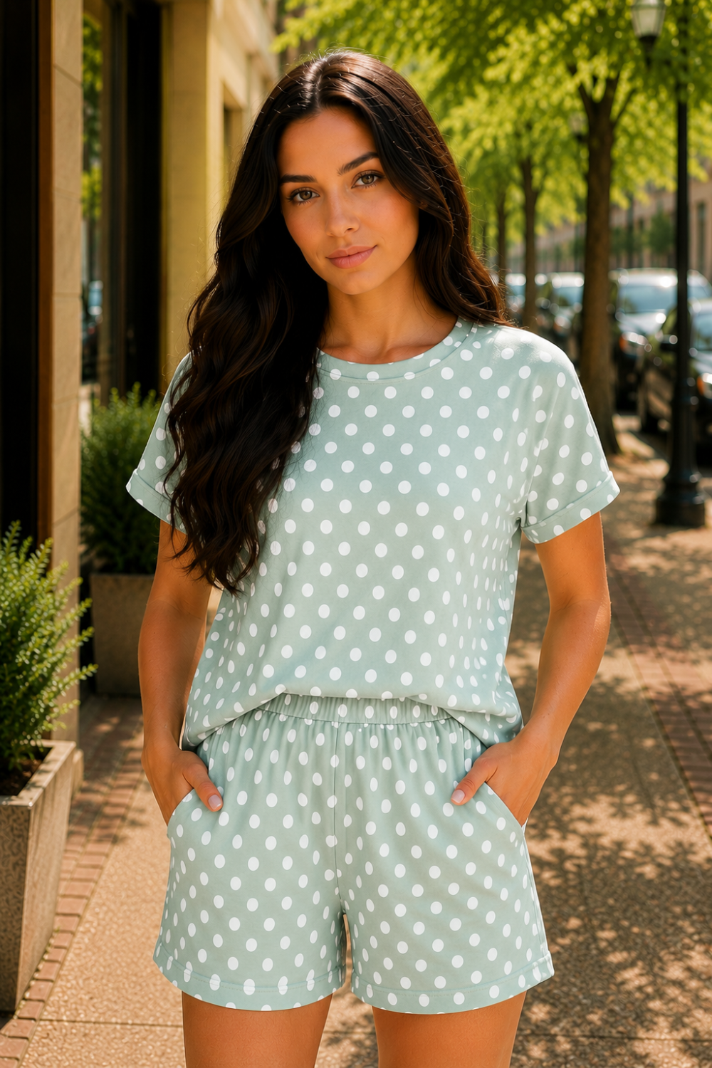 * Two-piece set
* Round neck
* Drop shoulder
* Cap sleeve
* Wide band
* Polka dot print
* Elastic waist
* Pocketed
* Slightly stretchy