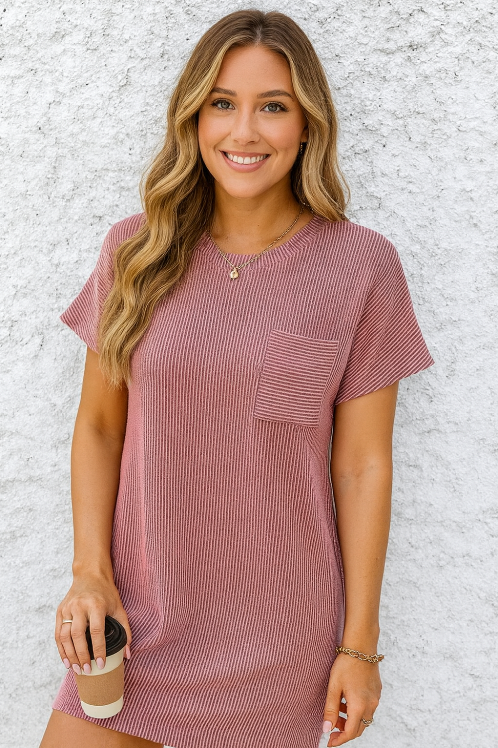 T-shirt dress, mini, round neck, short sleeve, ribbed, front pocket, opaque, unlined, moderate stretch front view